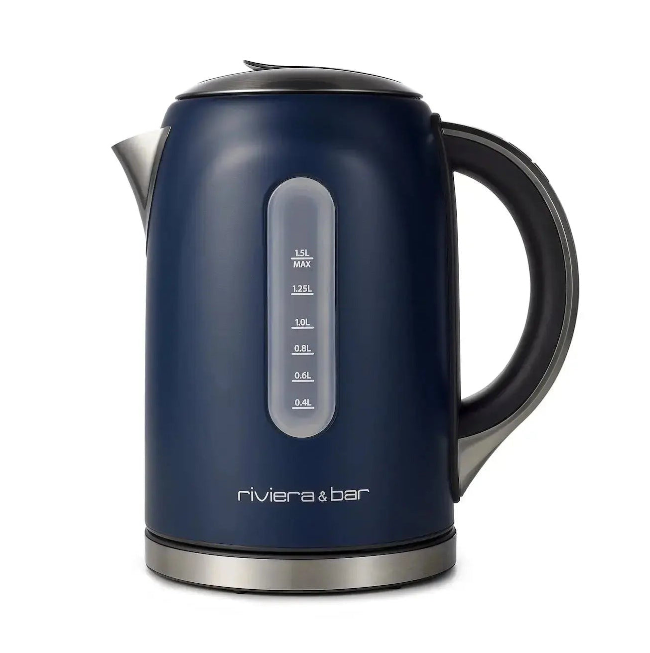 Un bollitore elettrico blu con finestra del livello dell'acqua su sfondo bianco.