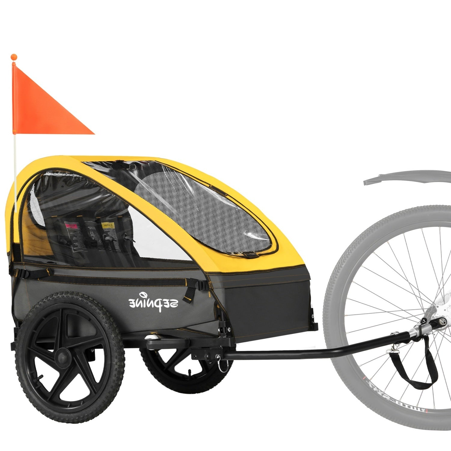 Gelb-grauer Kinderfahrradanhänger mit oranger Sicherheitsfahne, befestigt an einem Fahrrad.