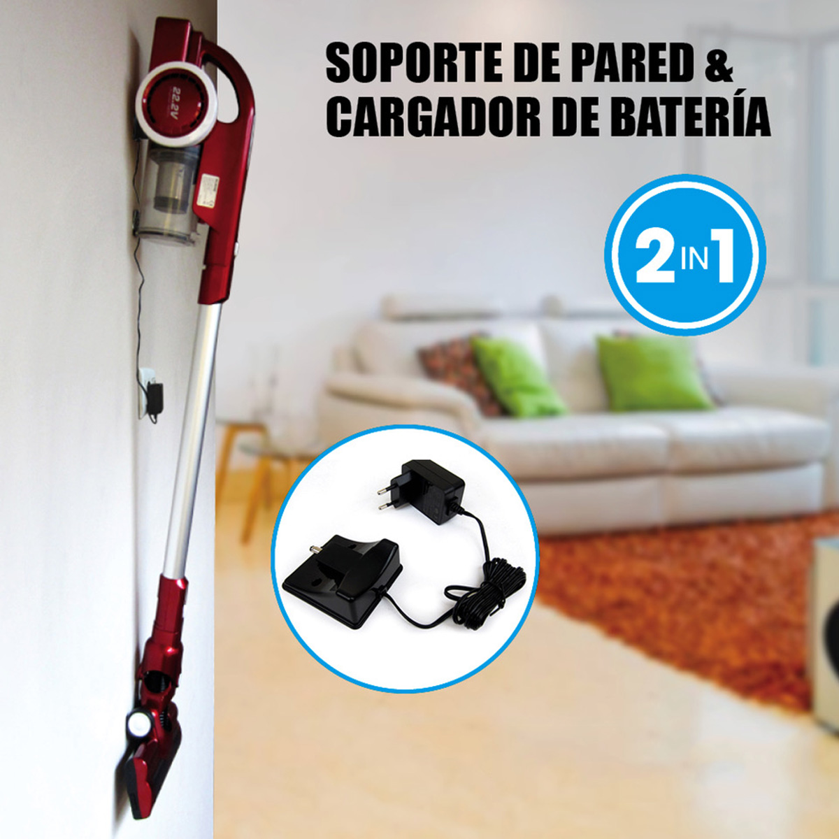 Aspiradora inalámbrica roja en soporte de pared, con detalle del cargador.