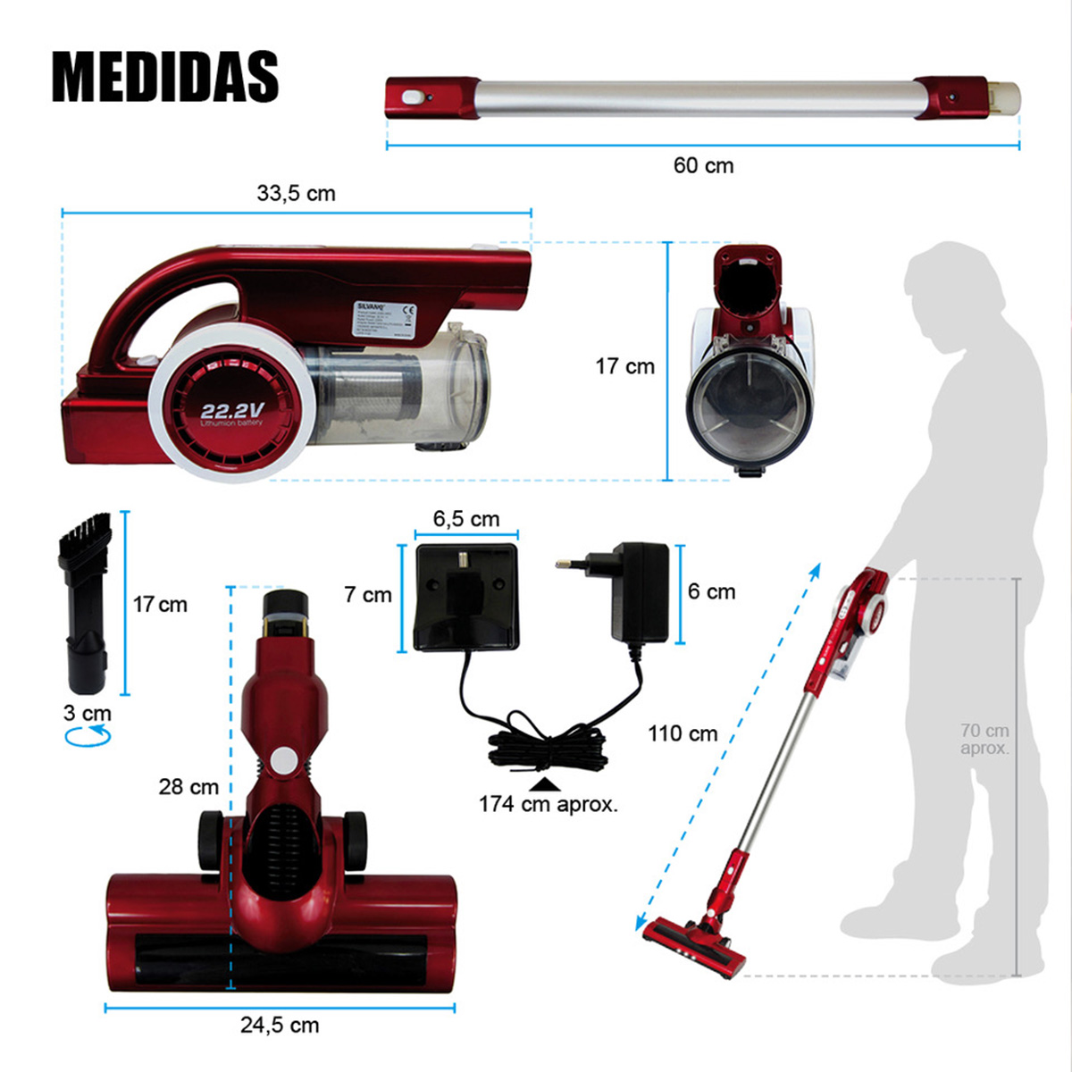 Plano técnico de dimensiones de una aspiradora escoba roja sin cable con accesorios y silueta.