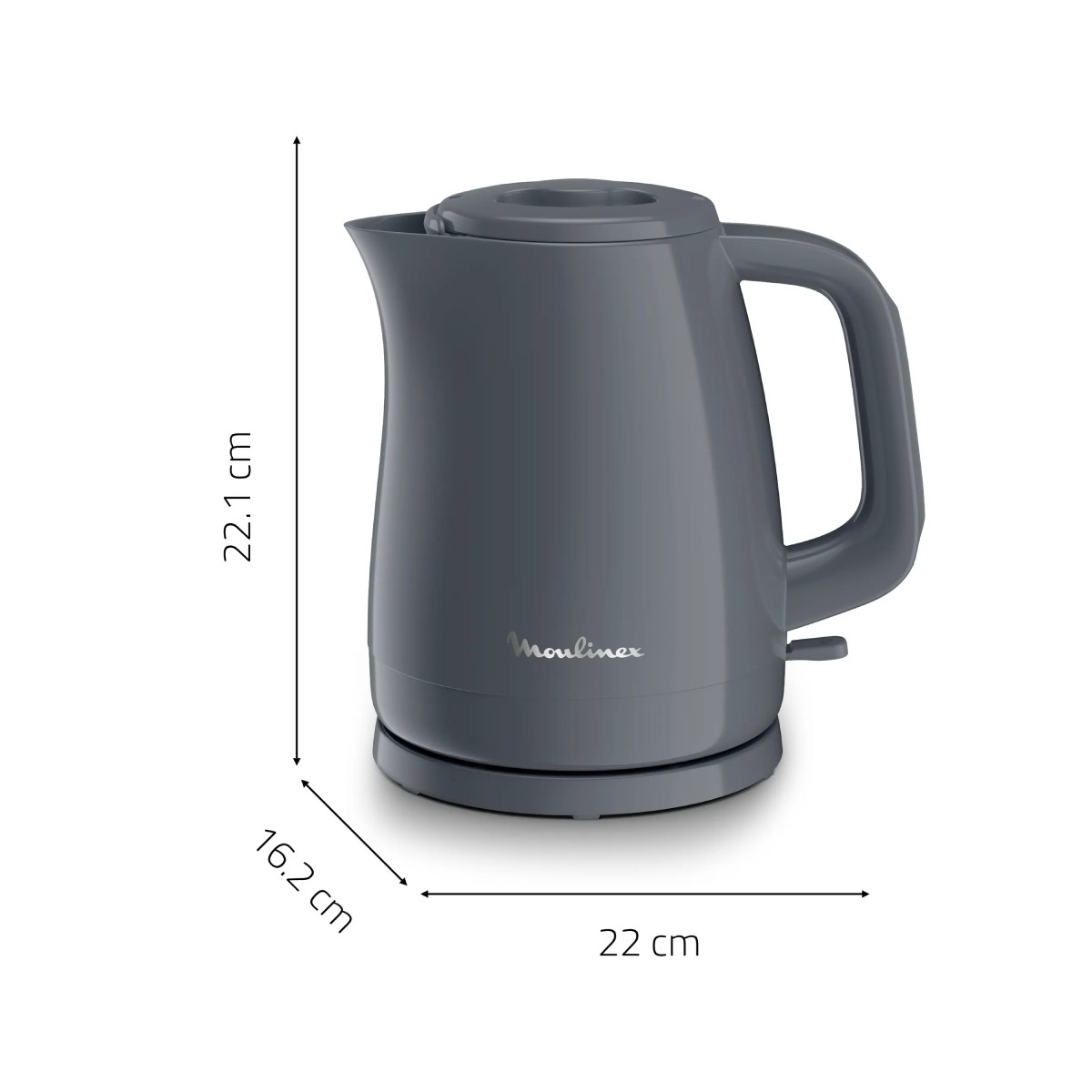 Bollitore Moulinex grigio con linee di quota che indicano 22,1 cm di altezza, 16,2 cm di larghezza e 22 cm di lunghezza.
