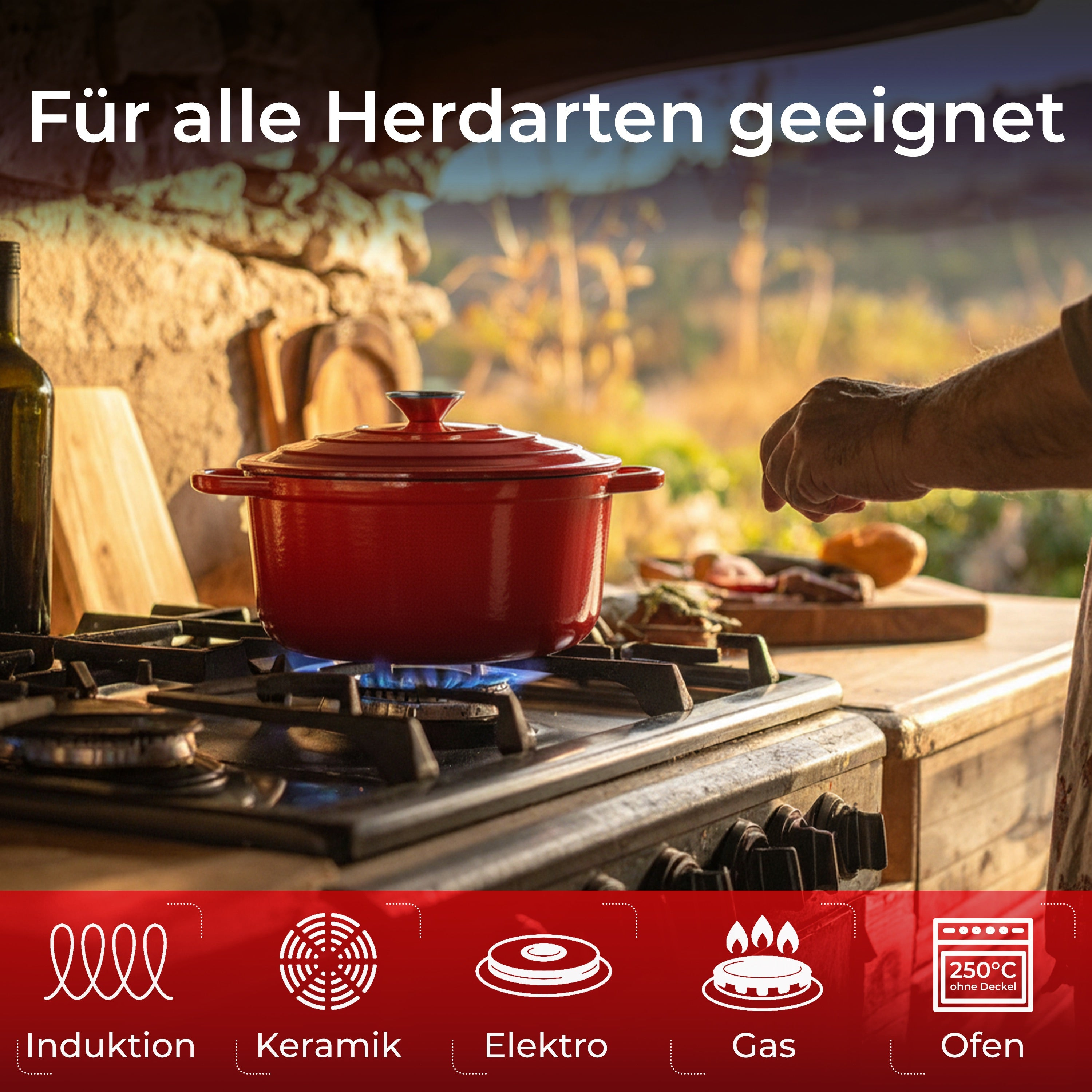 Ein roter Kochtopf steht auf einem Gaskochfeld in einer rustikalen Küche mit Text für Herdarten.