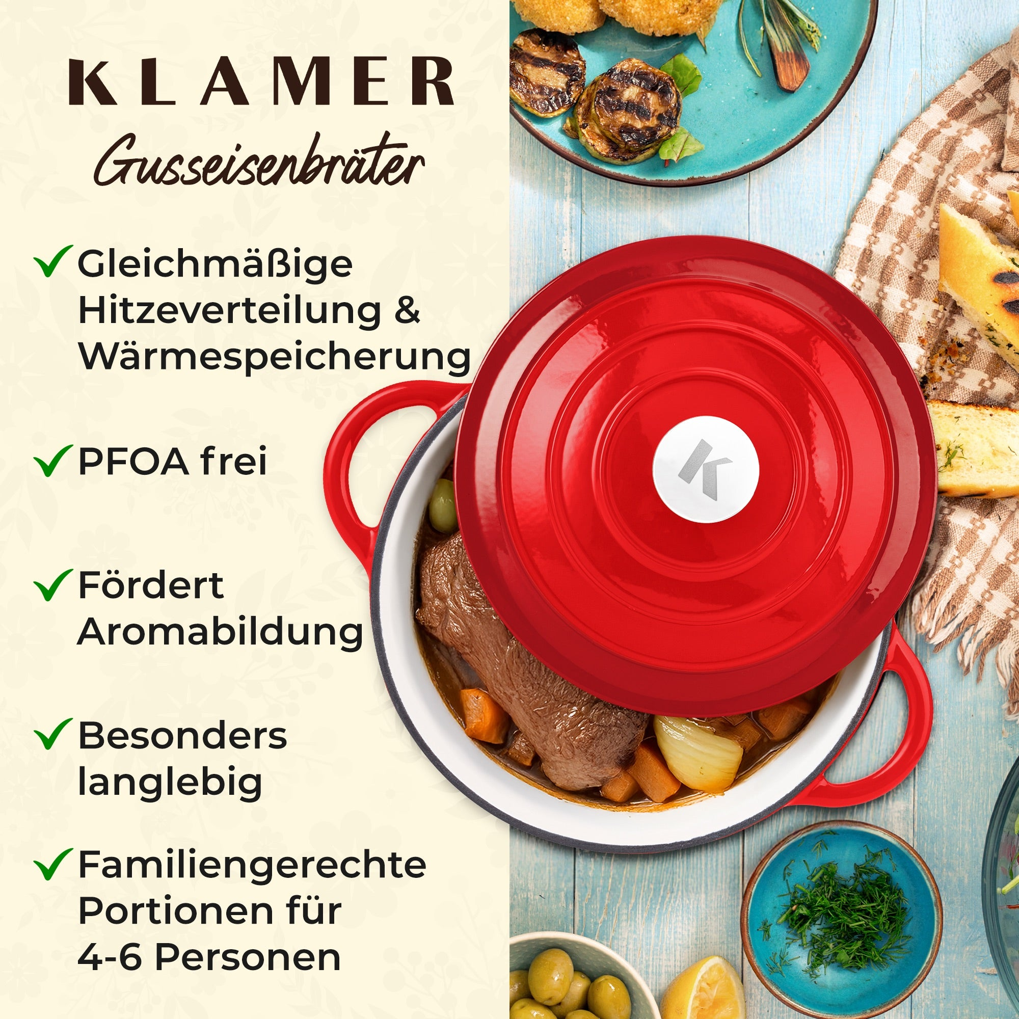 Roter Gusseisentopf mit Braten und Gemüse auf Holztisch, umgeben von Text und Speisen.
