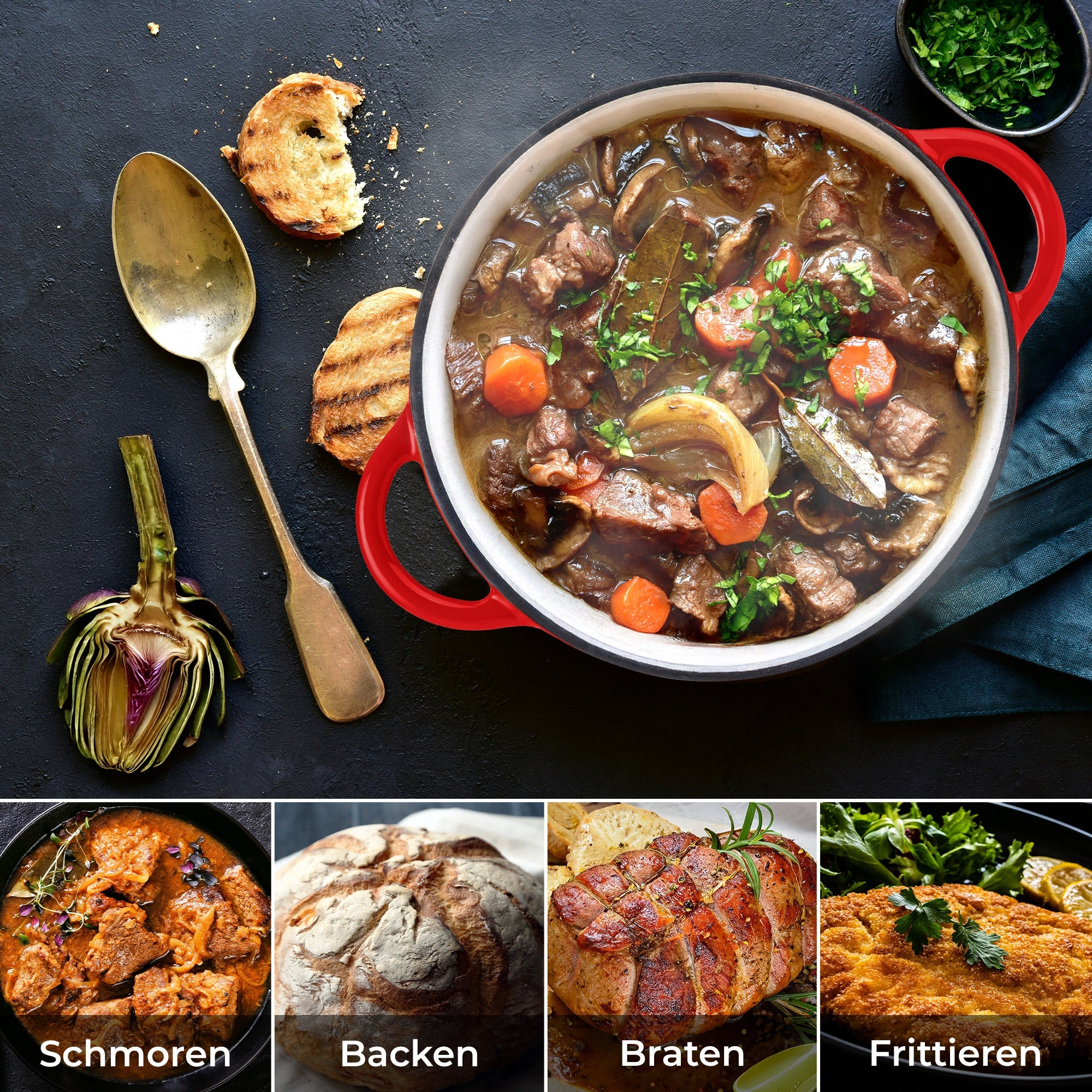Topf mit Fleischgericht, Löffel, Artischocke und Brotscheiben auf schwarzem Tisch; unten vier Kochmethoden.