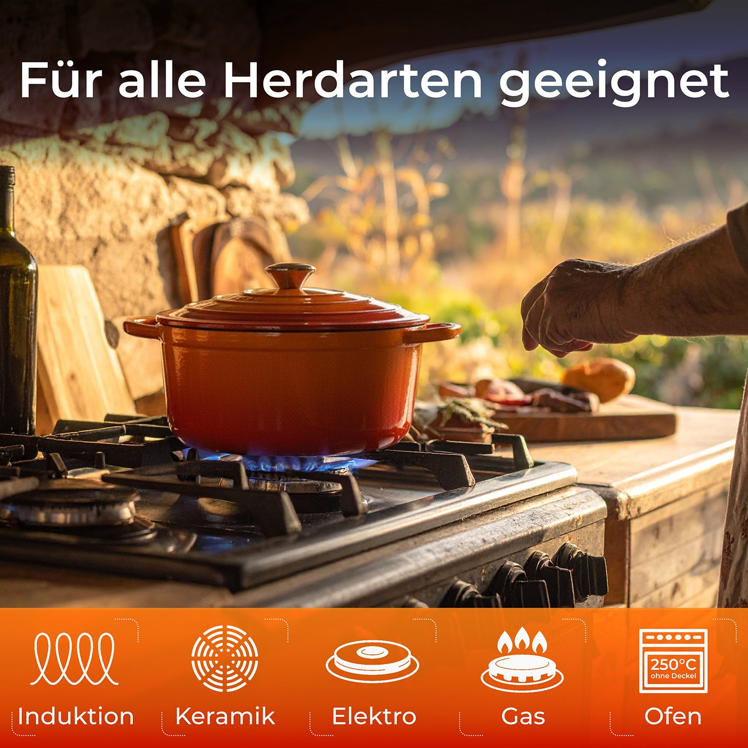 Ein orangefarbener Kochtopf auf einem Gasherd in einer Küche, mit Text über Herdarten.