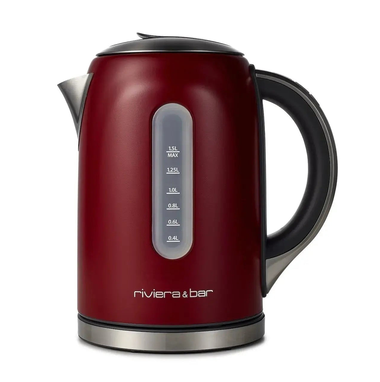 Un bollitore elettrico rosso con manico nero e indicatore di livello dell'acqua su sfondo bianco.