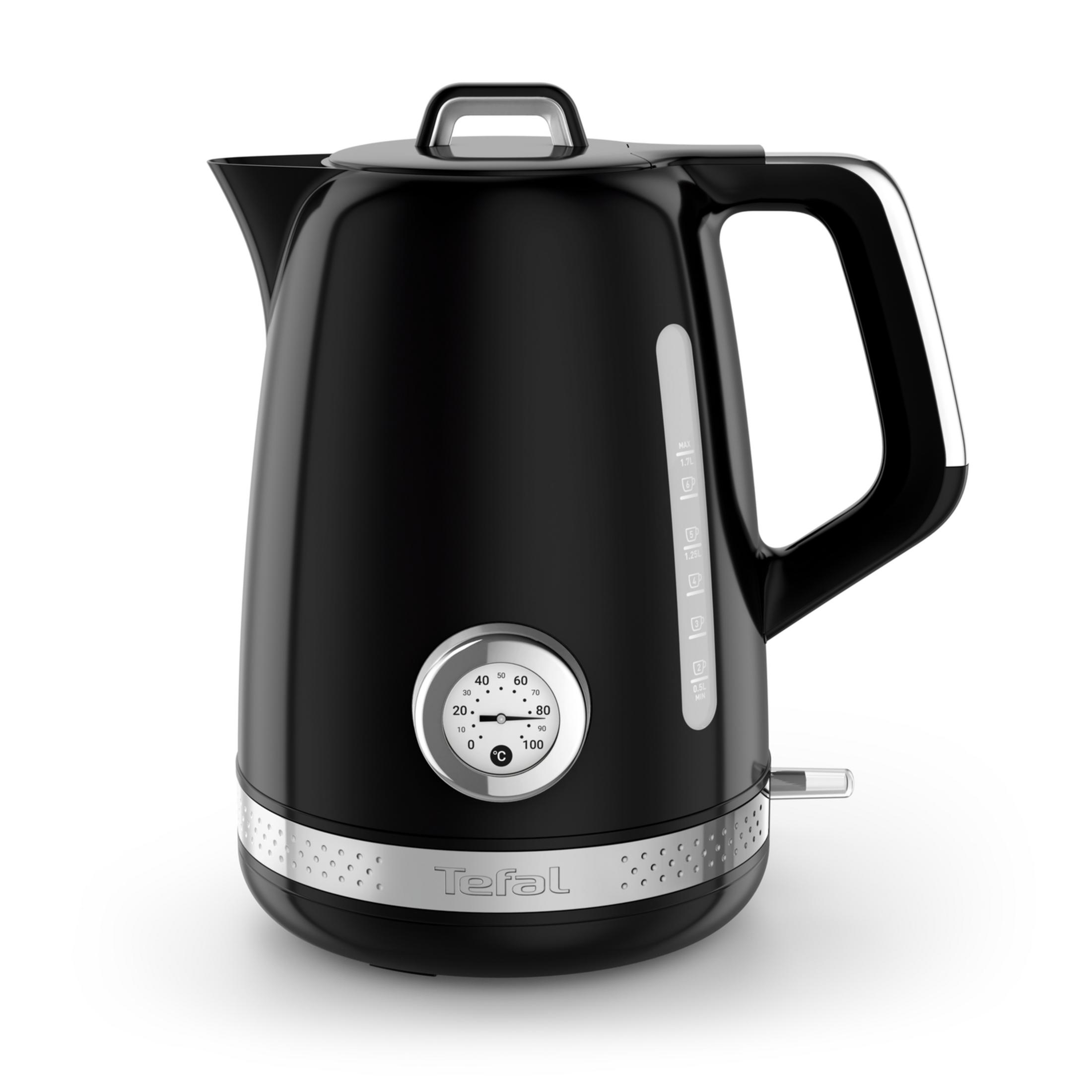 Un bollitore elettrico Tefal nero con indicatore di temperatura, dettagli argentati e livello dell'acqua su sfondo bianco.