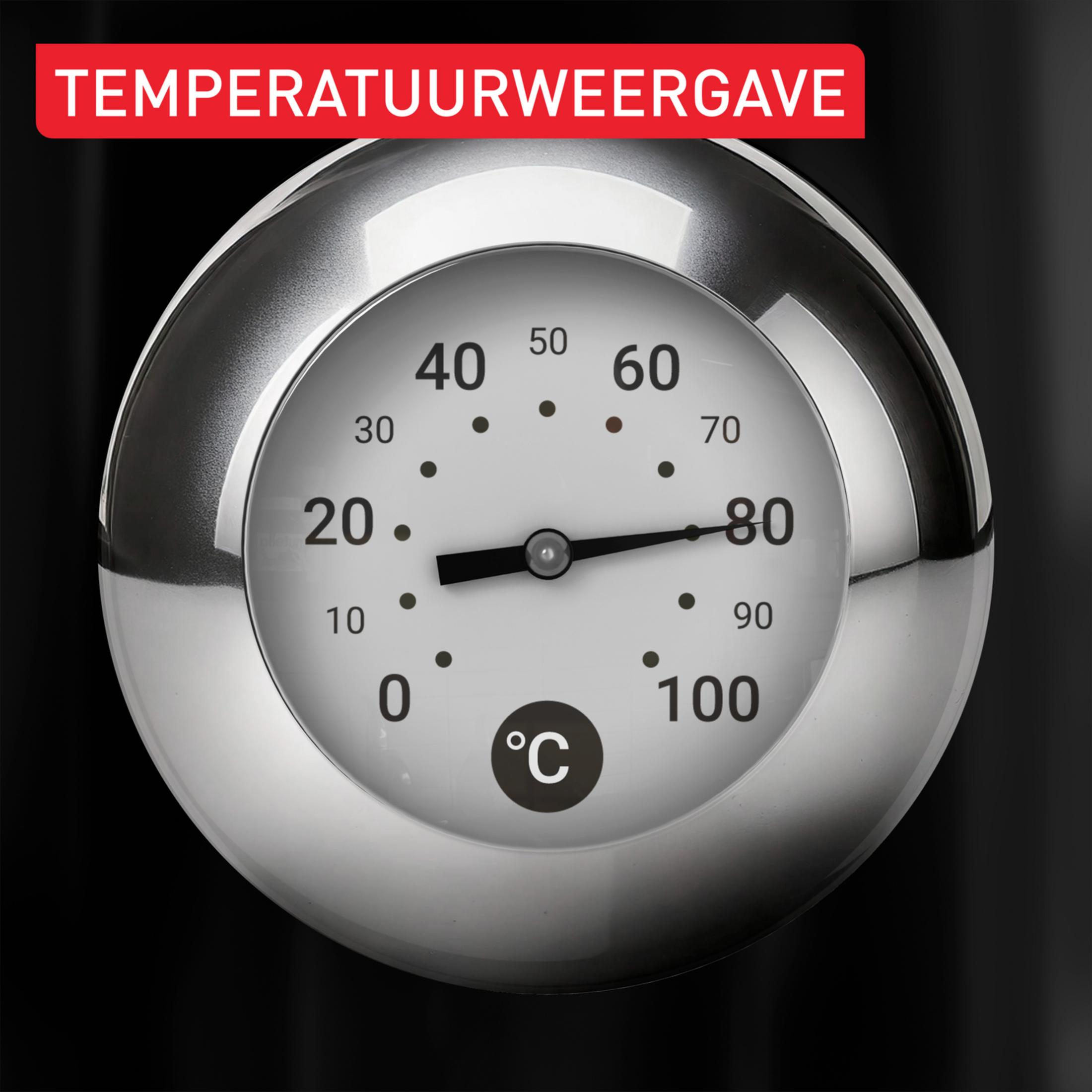 Un termometro analogico argentato con lancetta nera su quadrante bianco da 0 a 100 gradi Celsius.