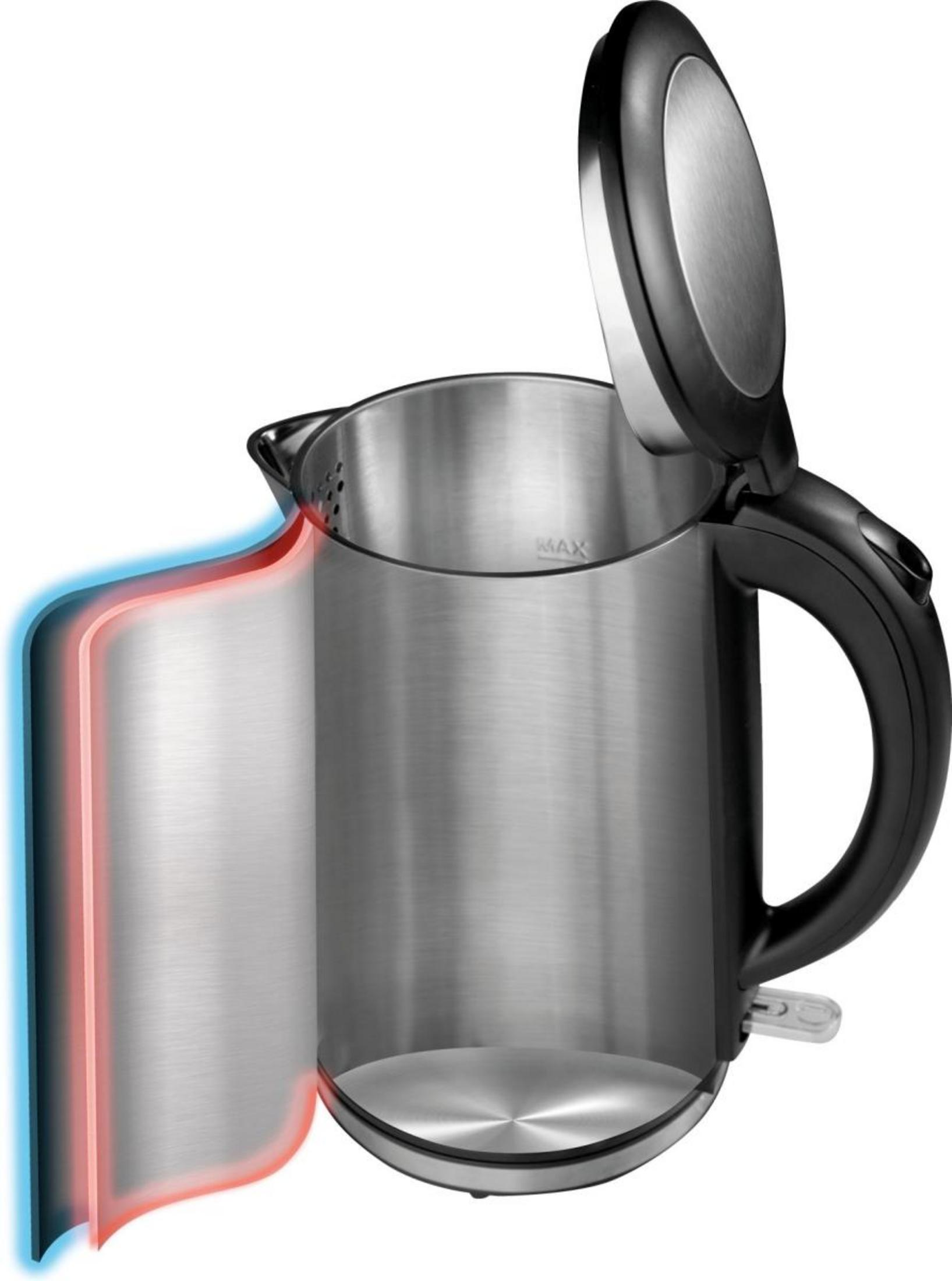 Bollitore aperto in acciaio inossidabile con manico nero e grafico termico rosso-blu sul lato su sfondo bianco.