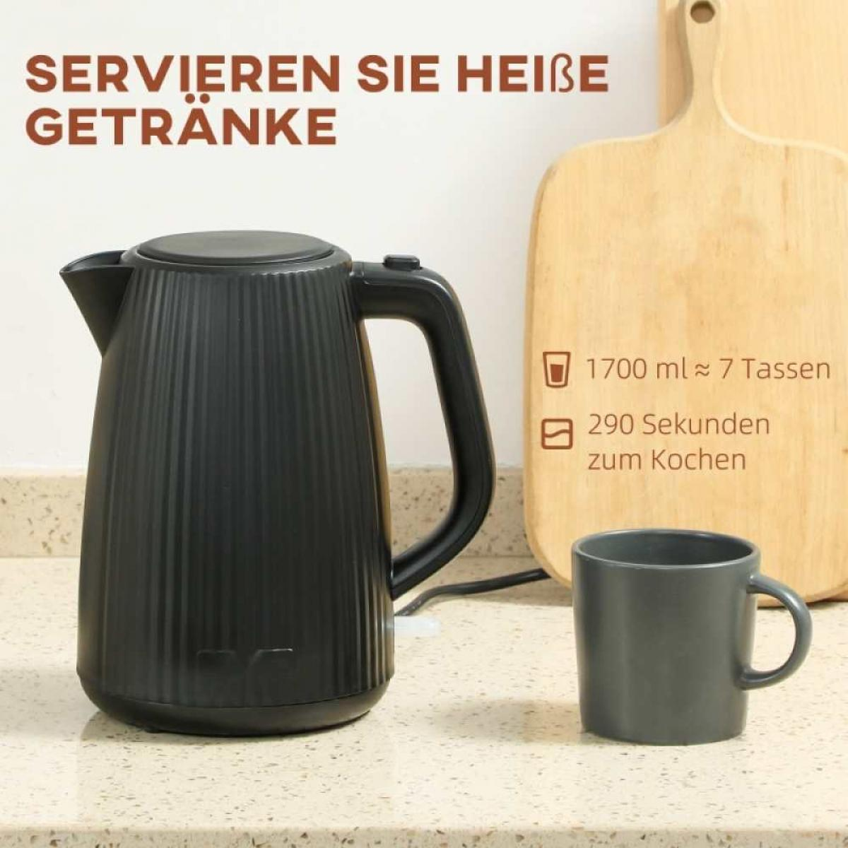 Schwarzer elektrischer Wasserkocher mit Tasse auf der Arbeitsplatte und Text oben links.