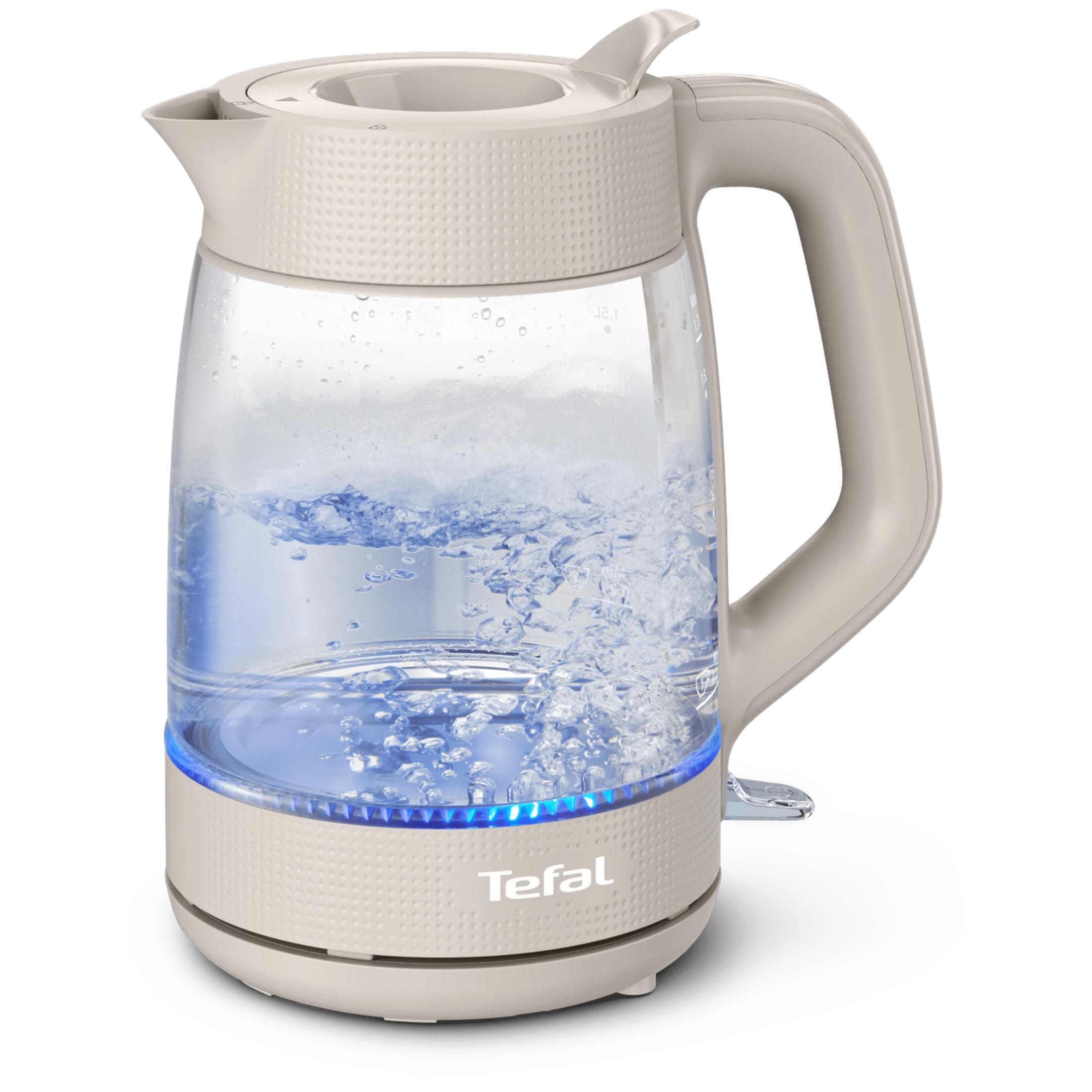 Un bollitore in vetro Tefal beige pieno di acqua bollente e illuminazione blu.