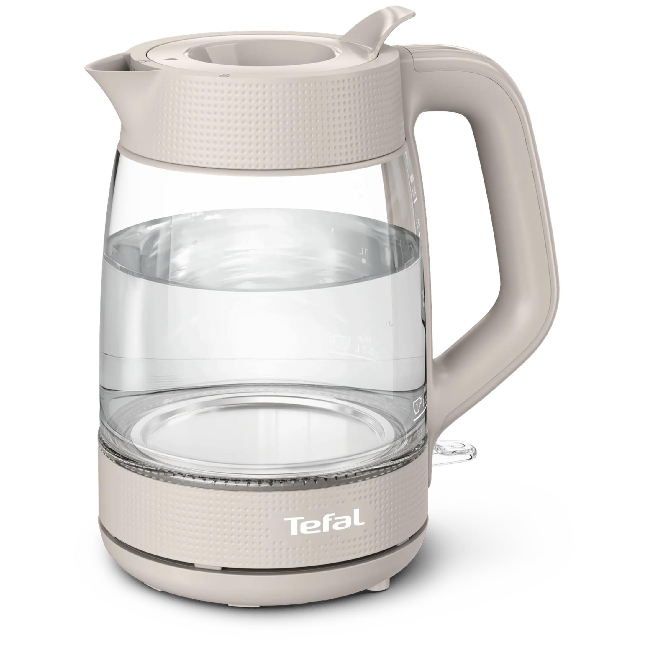 Un bollitore in vetro Tefal beige riempito d'acqua su sfondo bianco.
