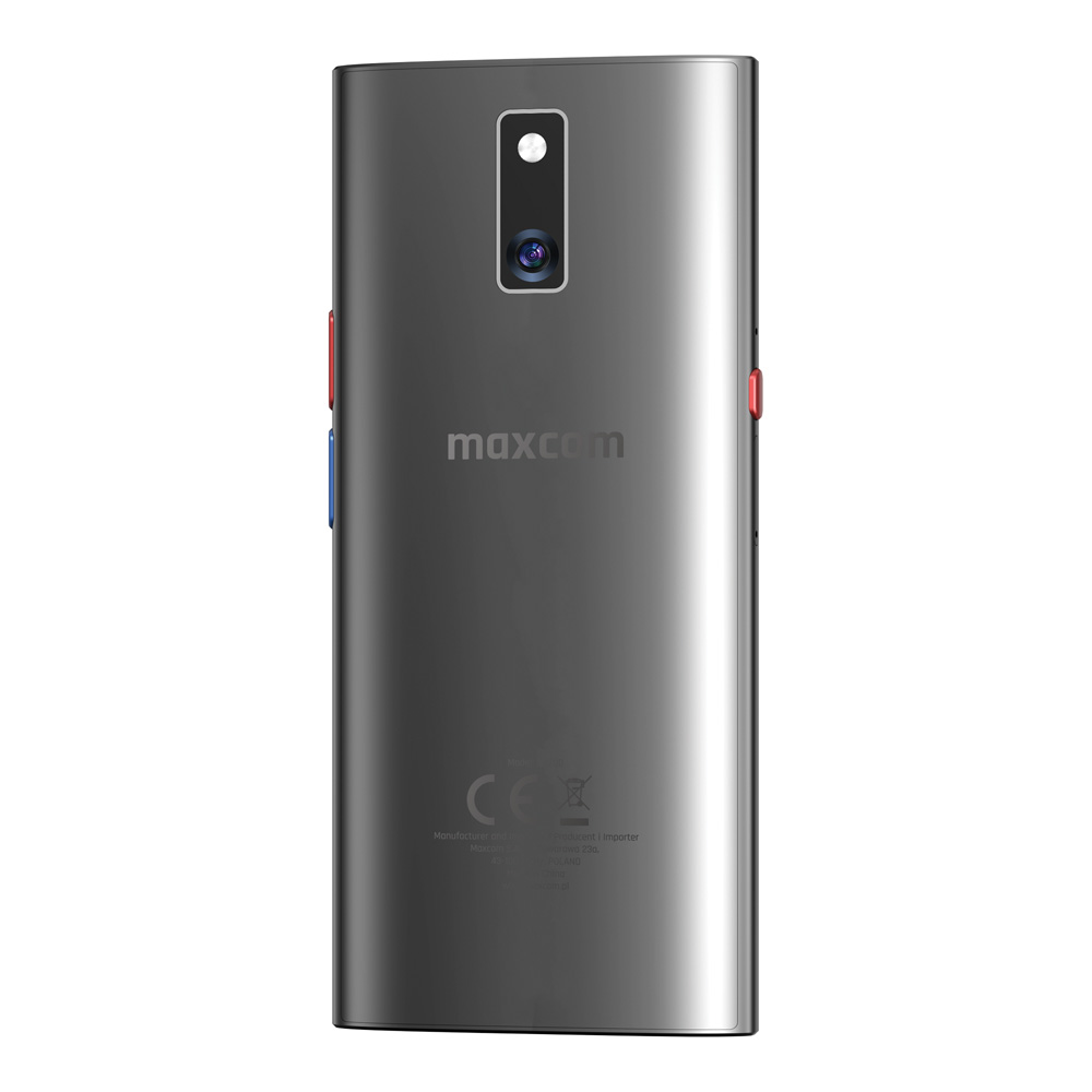 Tył szarego smartfona Maxcom z aparatem i logo.