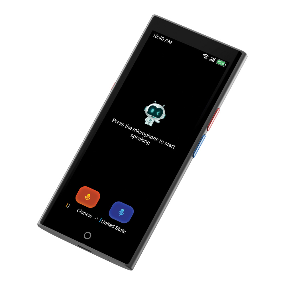 Smartfon z ekranem dotykowym i ikoną robota wyświetla opcje tłumaczenia mowy.