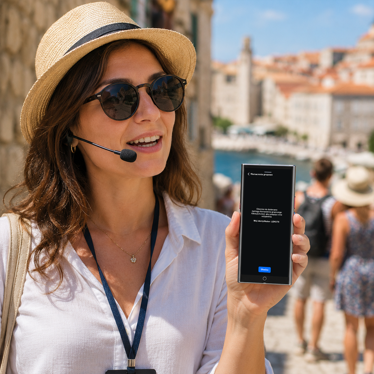 Przewodniczka w kapeluszu i słuchawkach trzyma smartfon na zewnątrz.