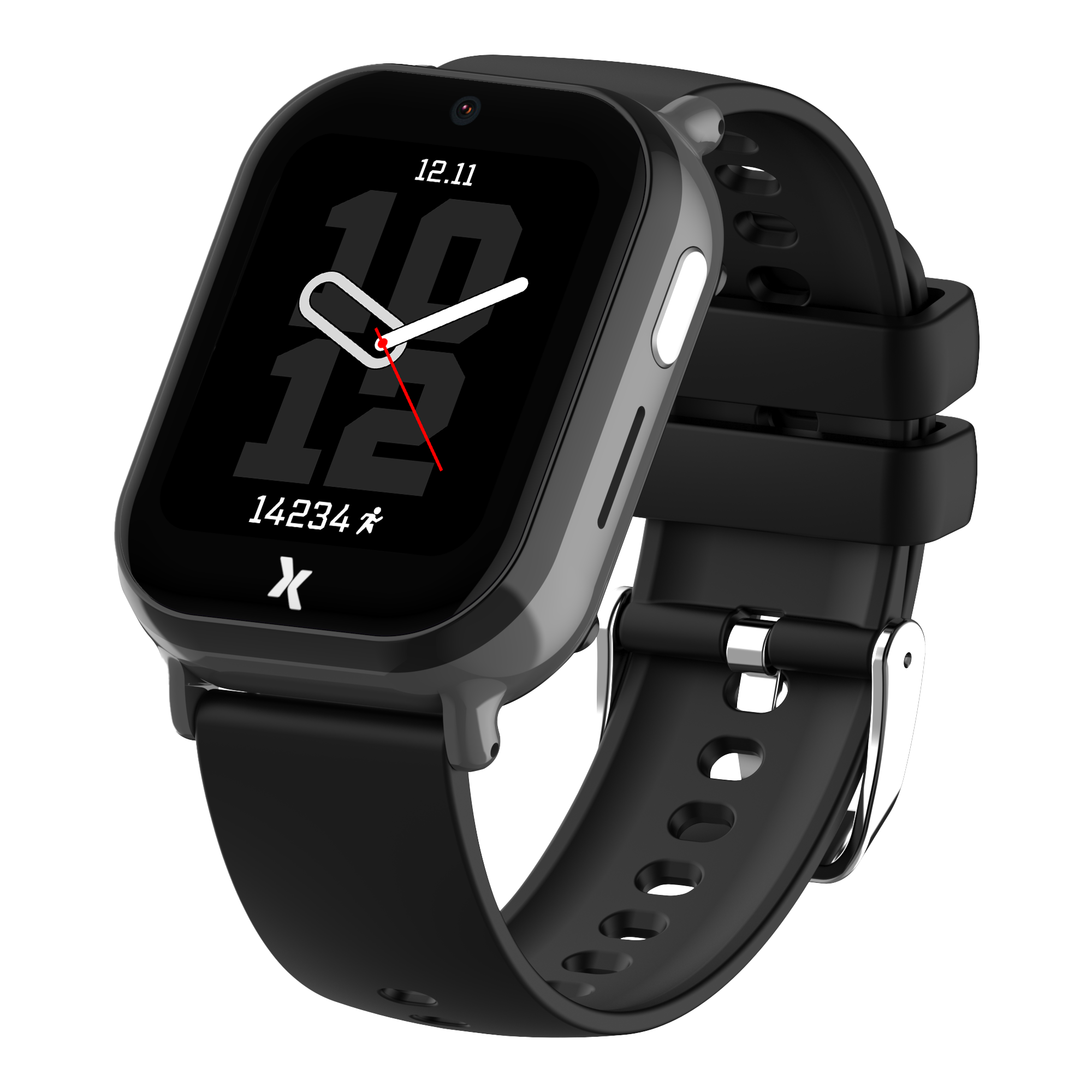 Czarny smartwatch z kwadratowym ekranem i silikonowym paskiem na czarnym tle.