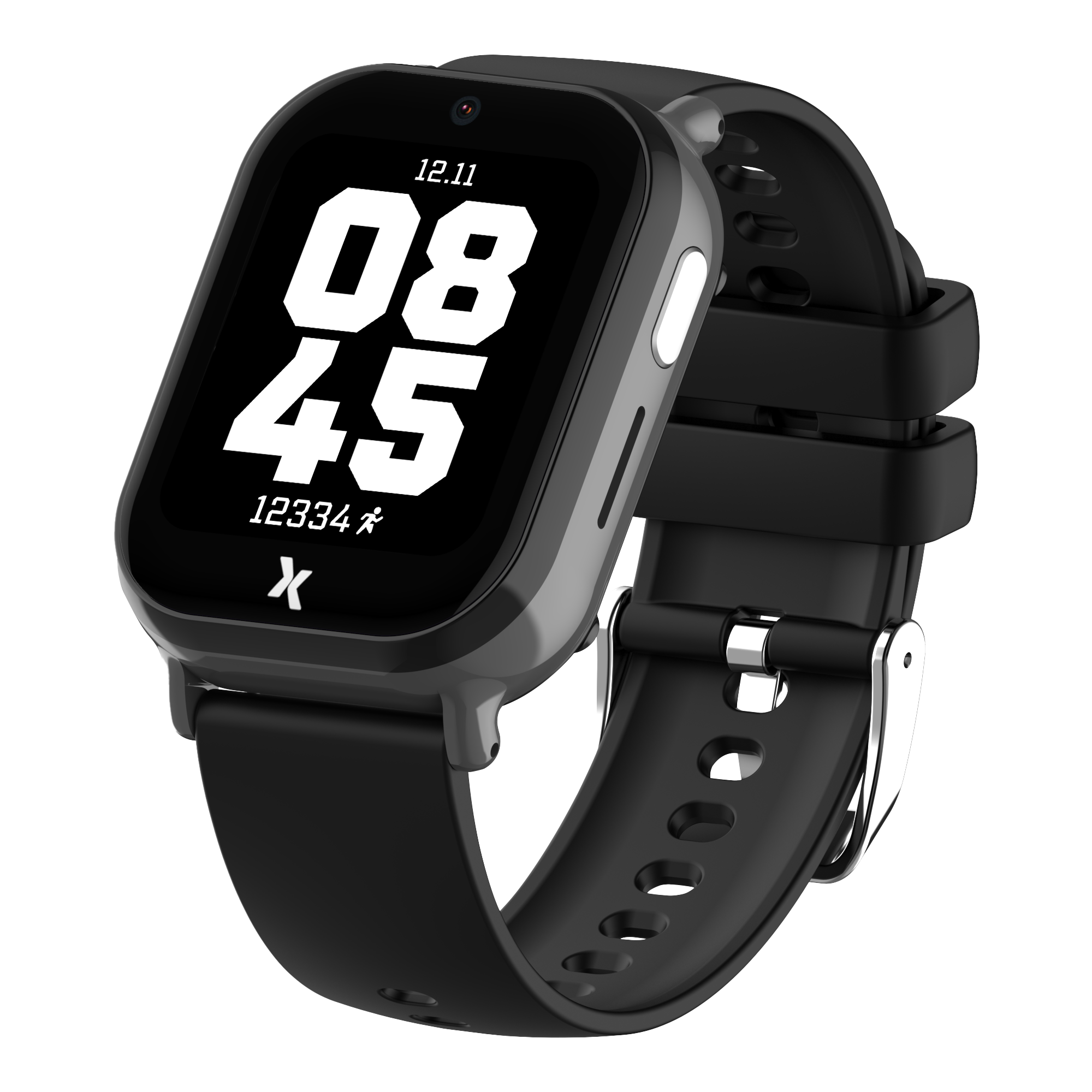 Czarny smartwatch z cyfrowym wyświetlaczem pokazującym czas i kroki, na czarnym tle.