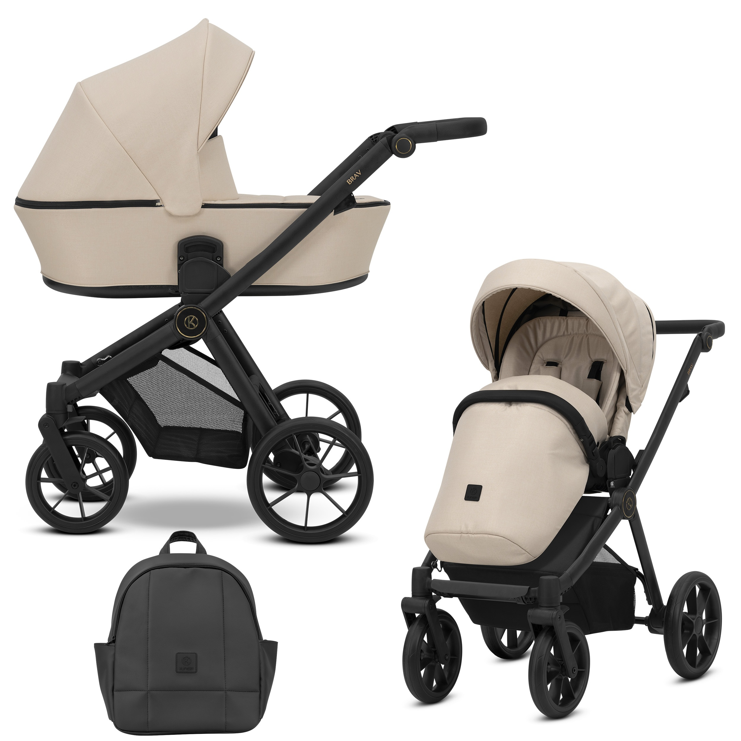 Ein beiges Kinderwagen-Set in zwei Konfigurationen mit passendem schwarzen Rucksack vor weißem Hintergrund.