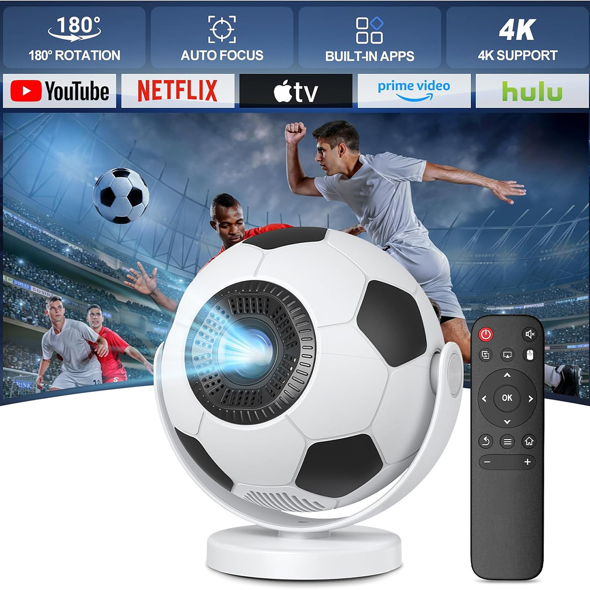 Un proyector con forma de balón de fútbol, control remoto y logotipos de streaming sobre un fondo de partido.