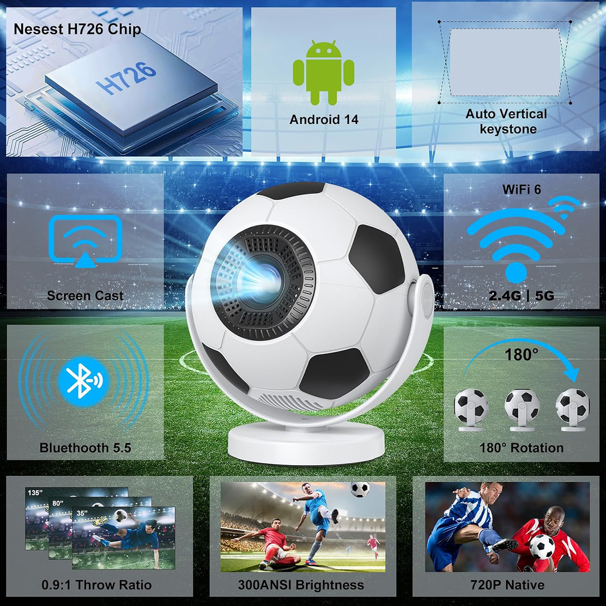 Un proyector con forma de balón de fútbol rodeado de gráficos técnicos.