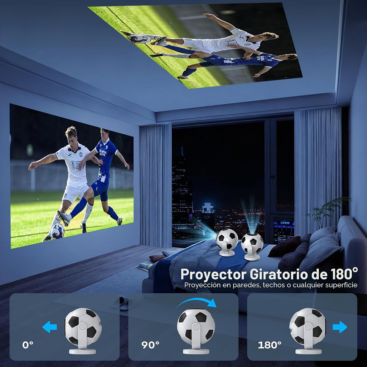Un proyector con forma de balón proyecta un partido en pared y techo, mostrando ángulos de 0, 90 y 180 grados.