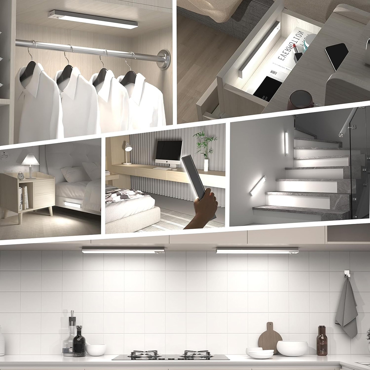 Varias aplicaciones para una luz LED de debajo de un gabinete, incluyendo armarios, cajones, escaleras y una cocina.