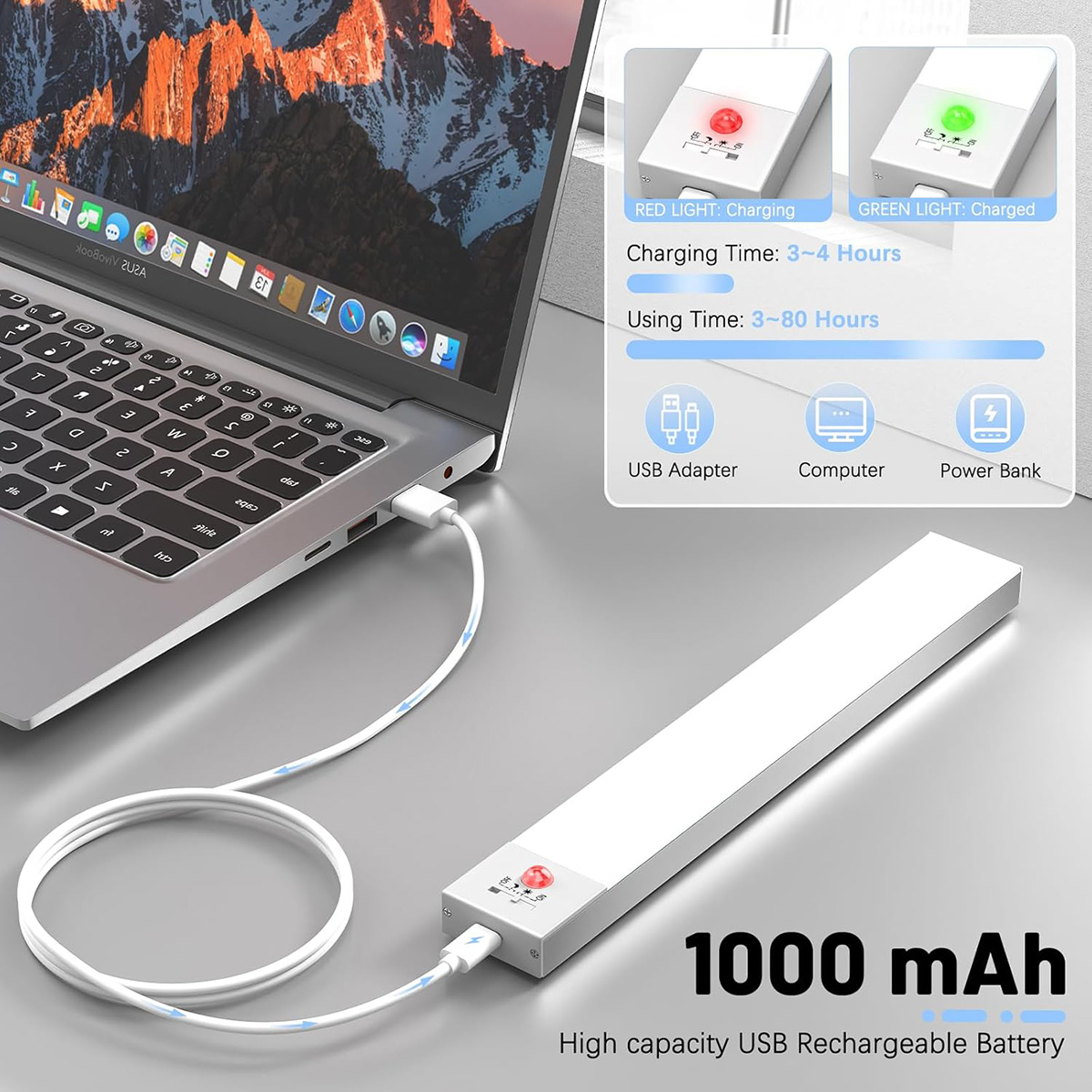 Una barra de luz LED blanca larga se conecta por USB a una computadora portátil. Se muestran instrucciones de carga.
