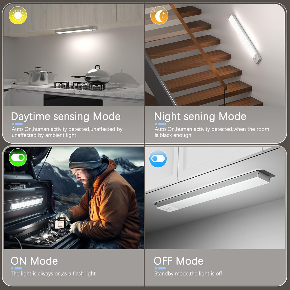 Cuatro imágenes muestran luces LED con diferentes modos: día, noche, encendido y apagado.