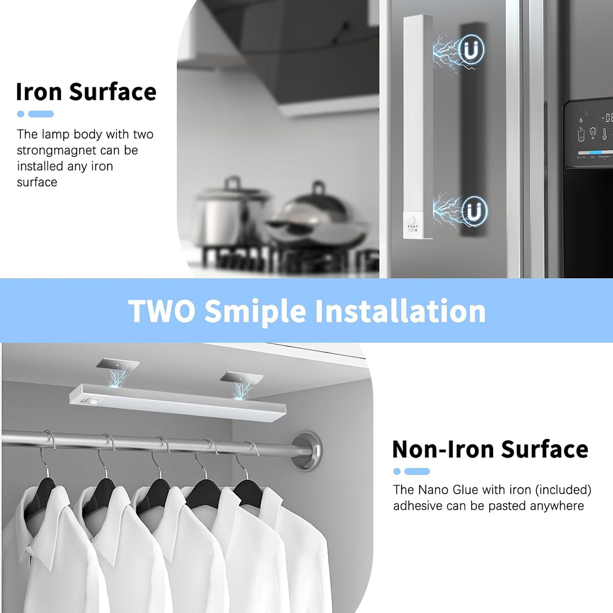 Pantalla de producto que muestra dos métodos de instalación: magnético en hierro y cinta adhesiva.