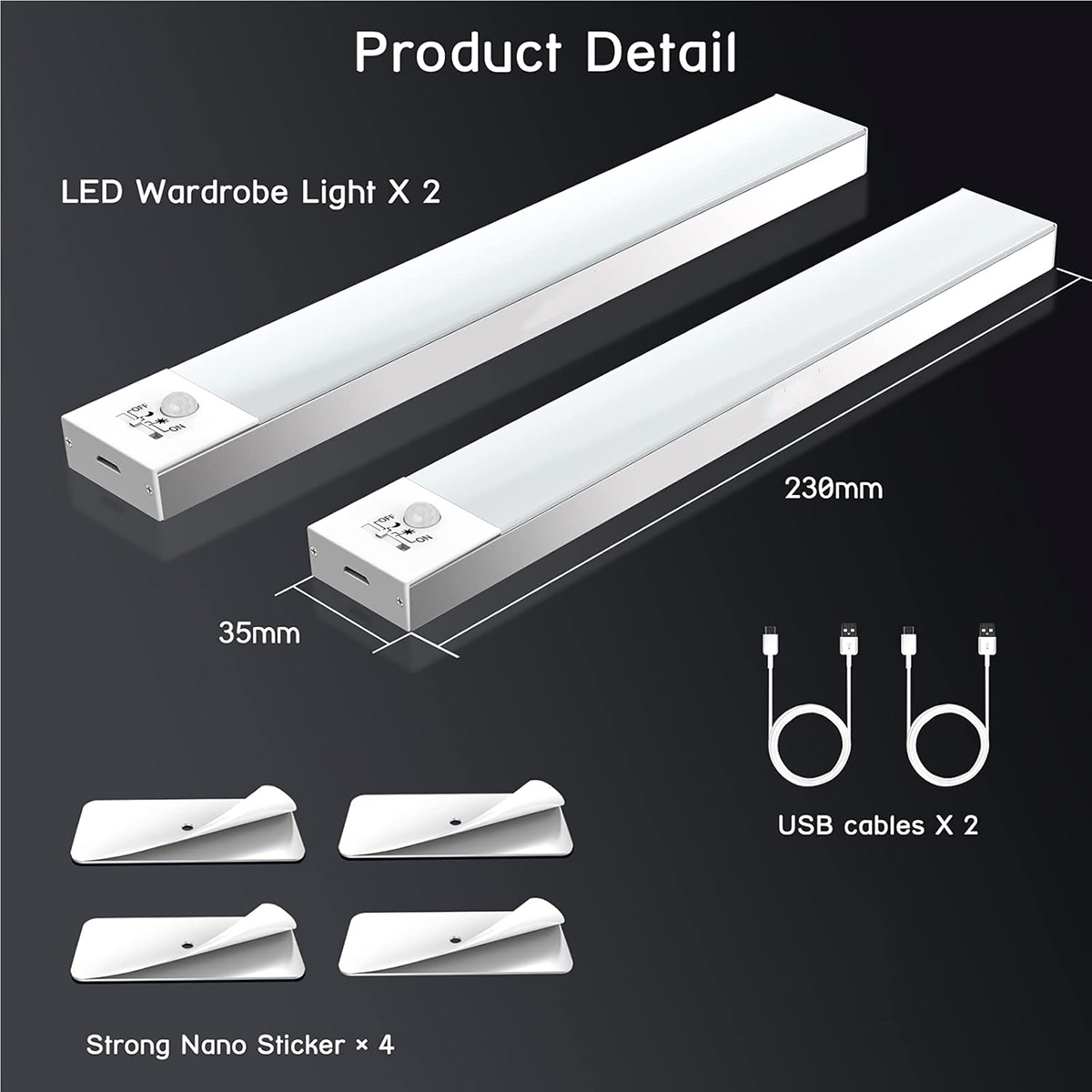 Dos luces LED para armario con dimensiones, cuatro pegatinas nano y dos cables USB sobre fondo oscuro.