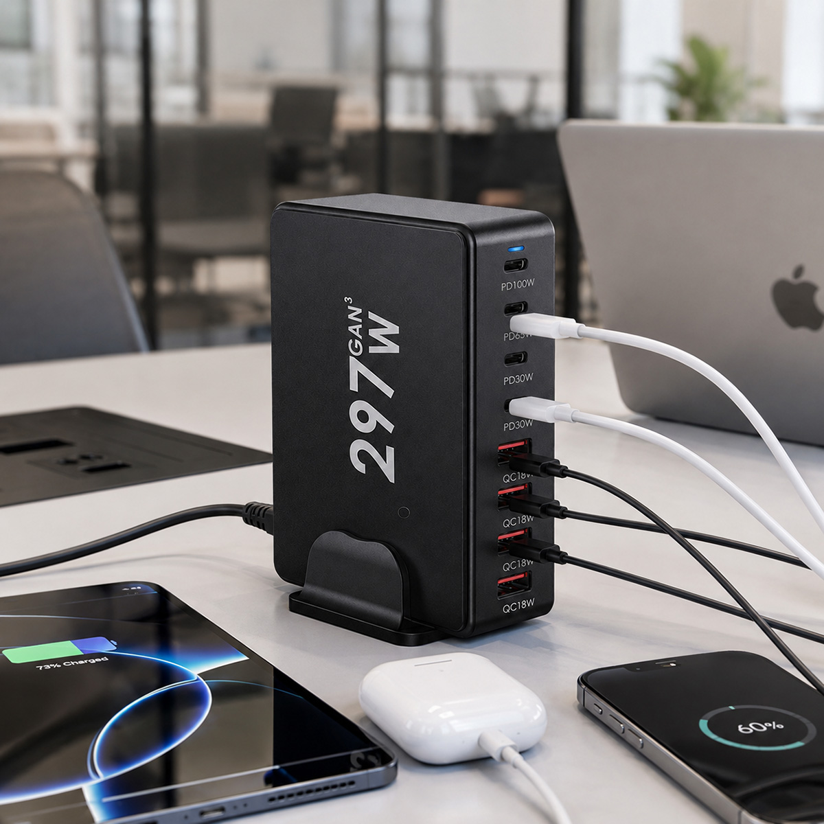 Un cargador GaN negro de 297W en un escritorio carga múltiples dispositivos como teléfonos y auriculares.