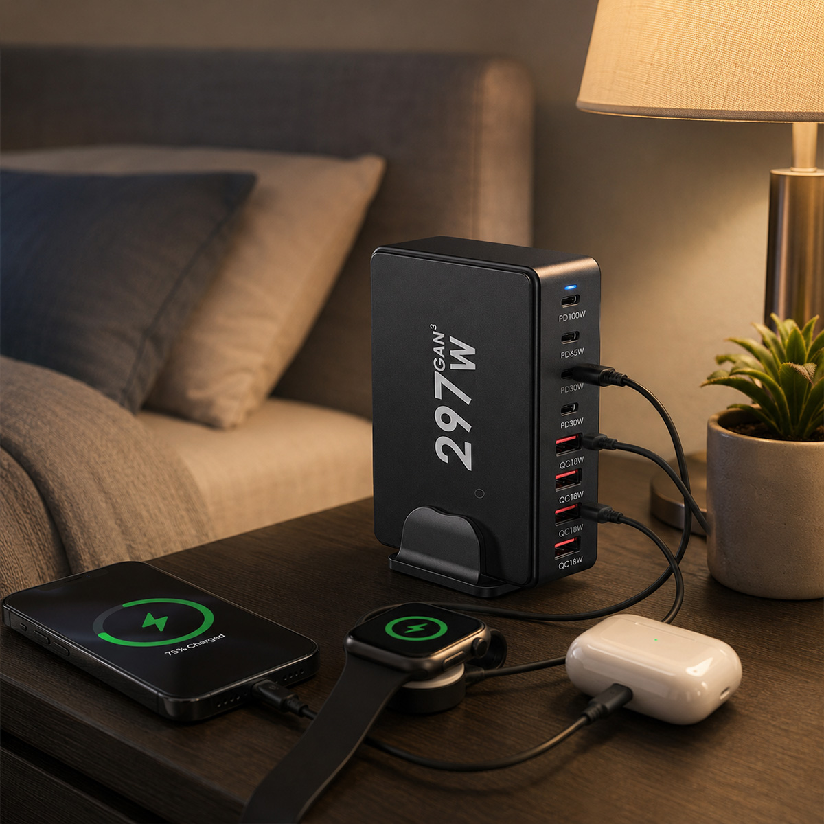 Un cargador negro en una mesita de noche carga un smartphone, un reloj inteligente y auriculares.