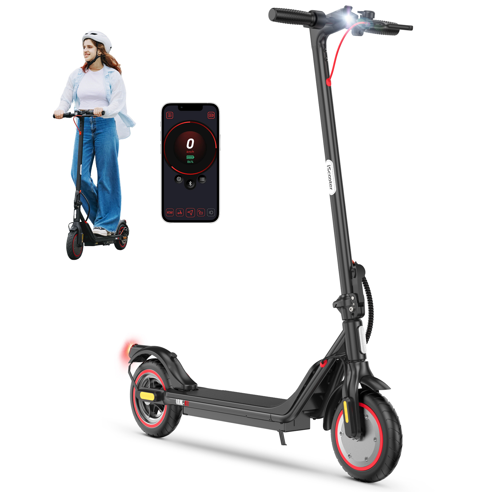 Un patinete eléctrico negro, una mujer montando en patinete y un teléfono con aplicación sobre fondo blanco.