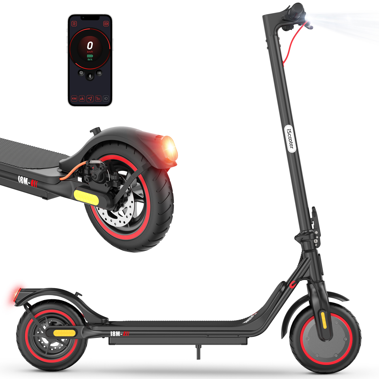 Patinete eléctrico negro con detalles rojos, luces y un teléfono inteligente que muestra una aplicación.