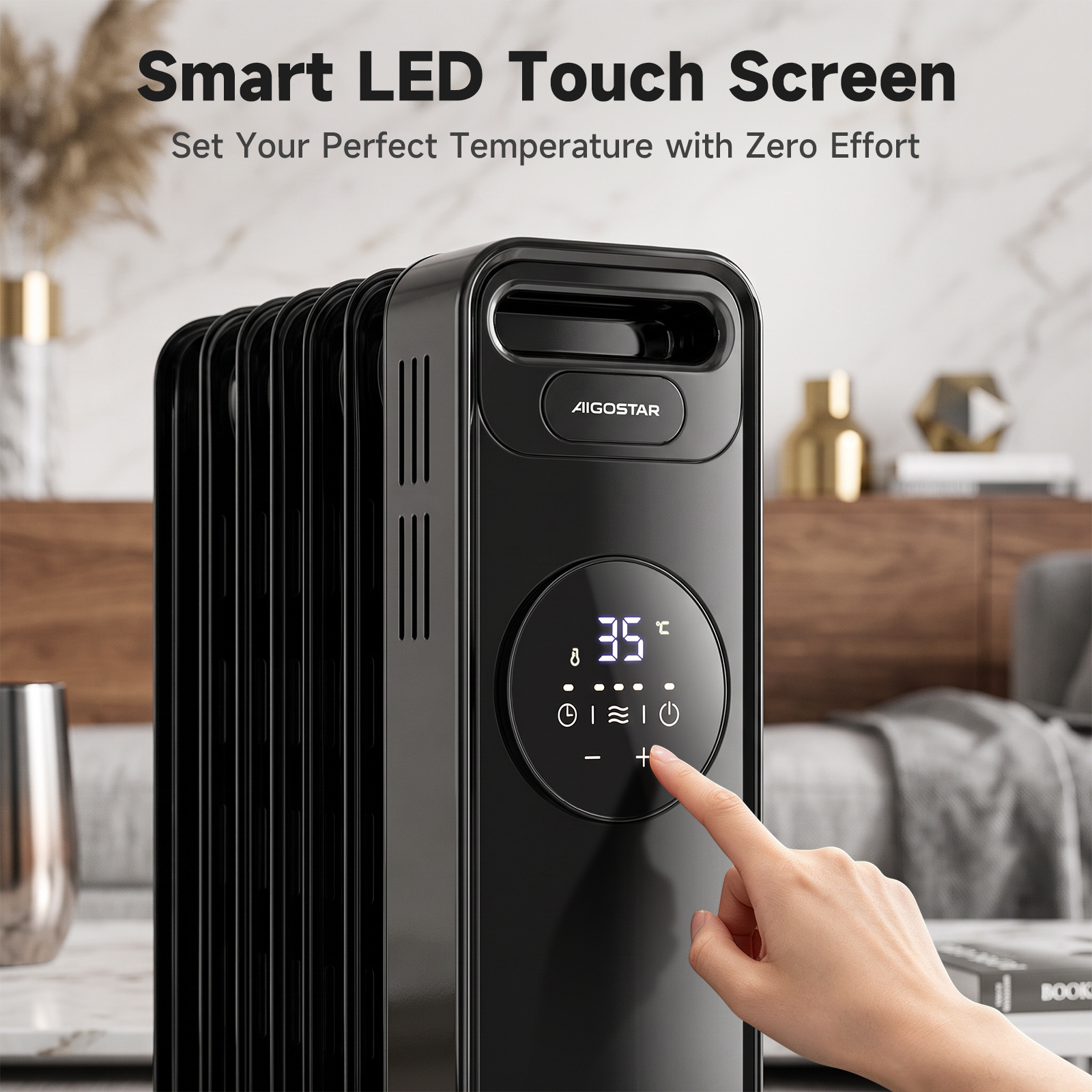 Mano tocando el panel táctil LED digital de un calefactor de aceite negro Aigostar en una sala moderna.