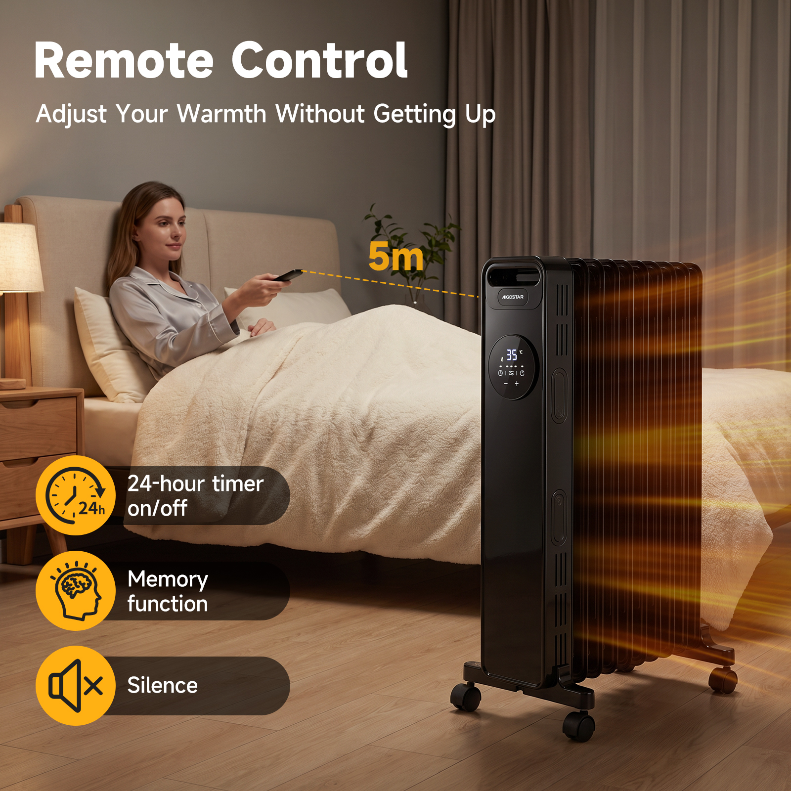 Una mujer en la cama usa un control remoto para un radiador de aceite negro que emite calor.