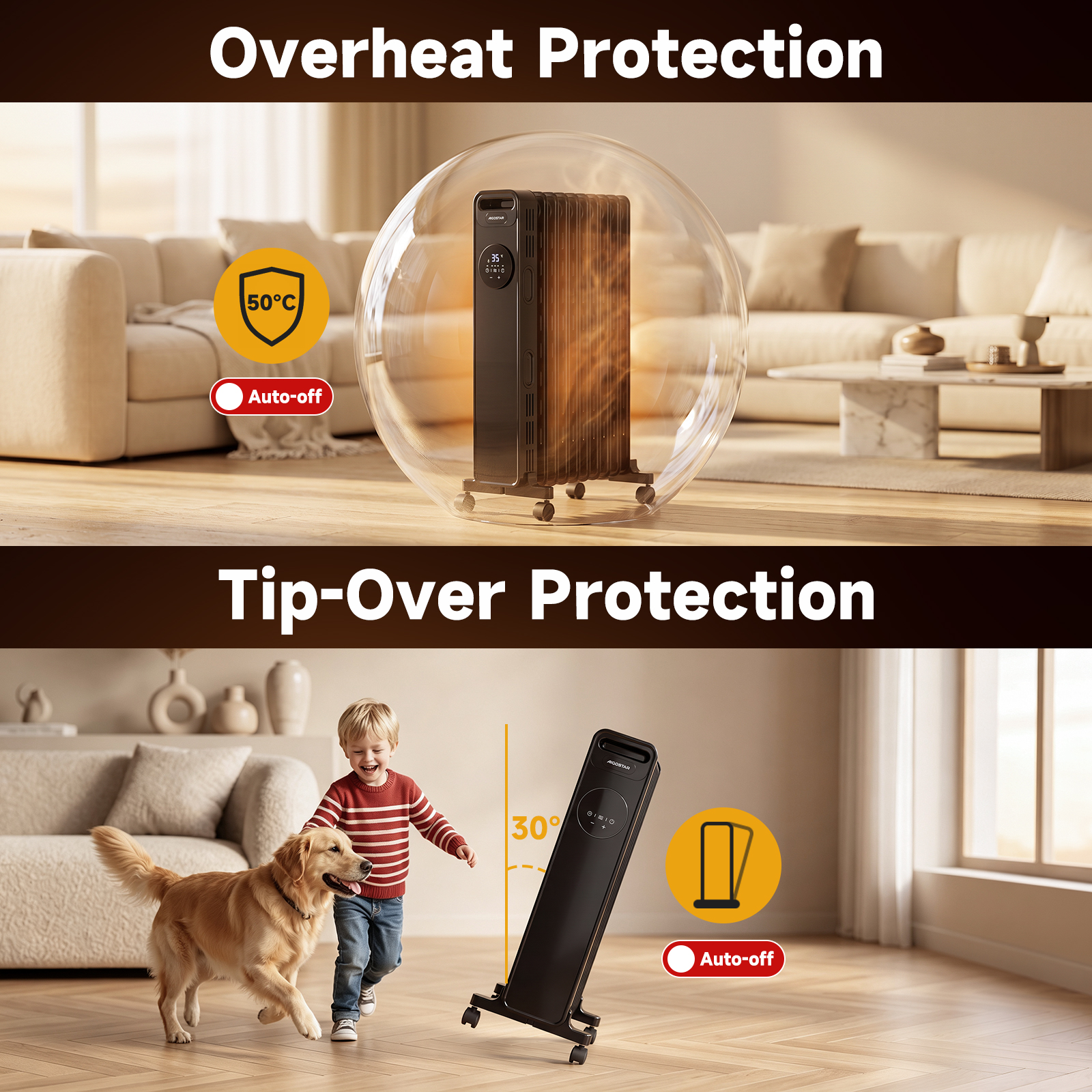 Calefactor con protección contra sobrecalentamiento y vuelco, en una sala con niño y perro.