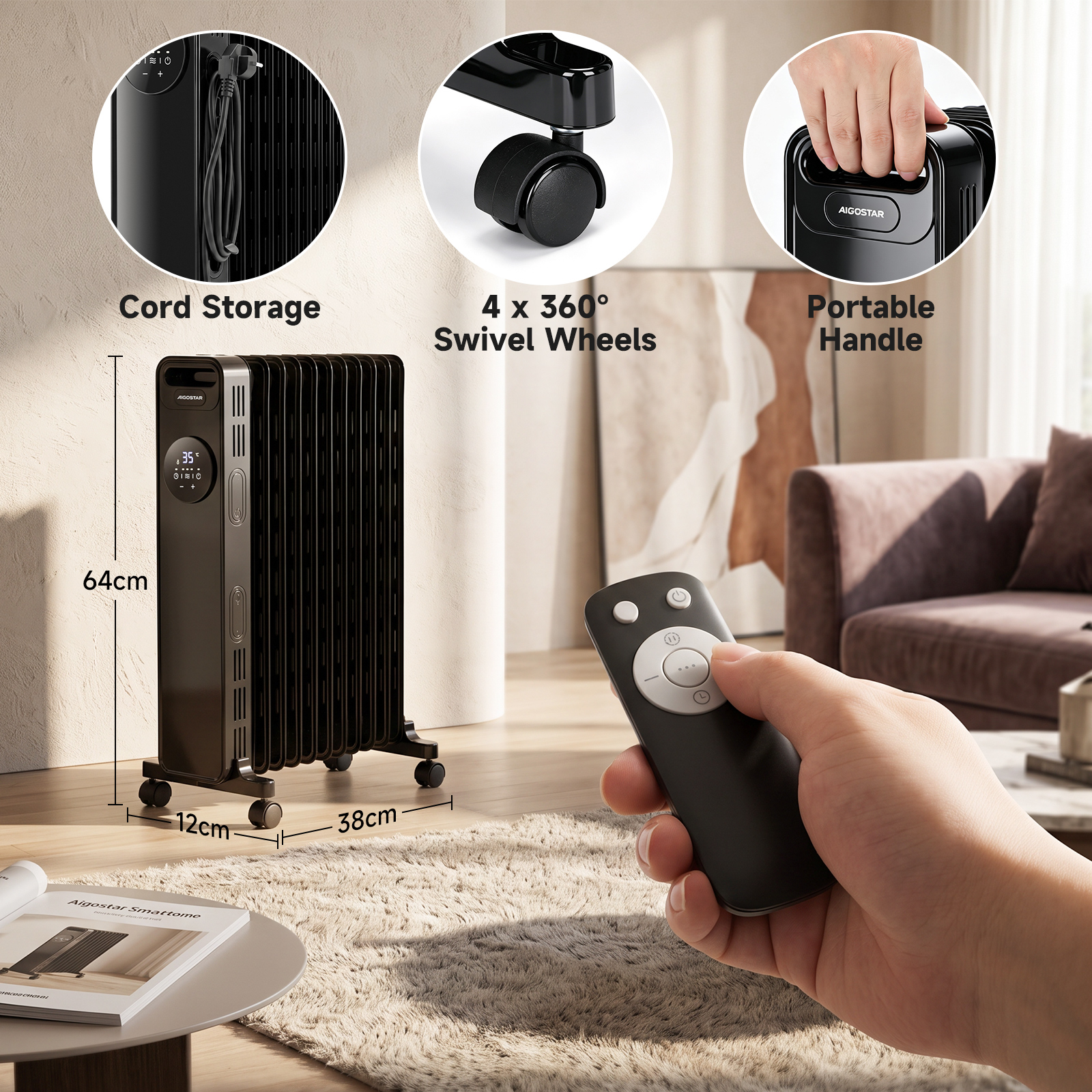 Un calefactor de aceite negro con control remoto, dimensiones y vistas detalladas de almacenamiento, ruedas y asa.