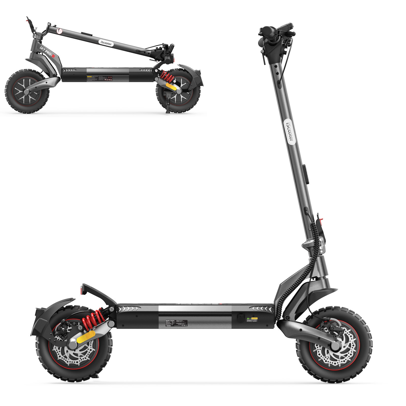 Scooter eléctrico gris con neumáticos gruesos, suspensión roja y versión plegada en la parte superior izquierda.