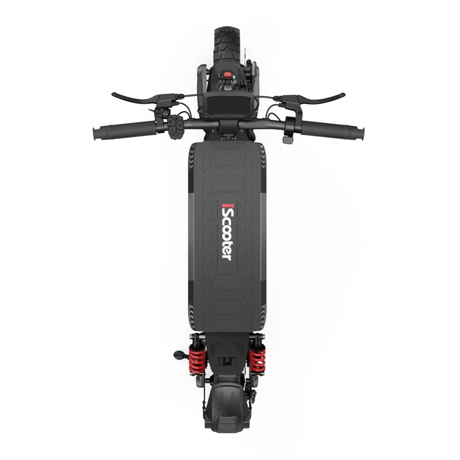Vista superior de un patinete eléctrico negro con plataforma ancha, resortes rojos y manillar sobre fondo blanco.