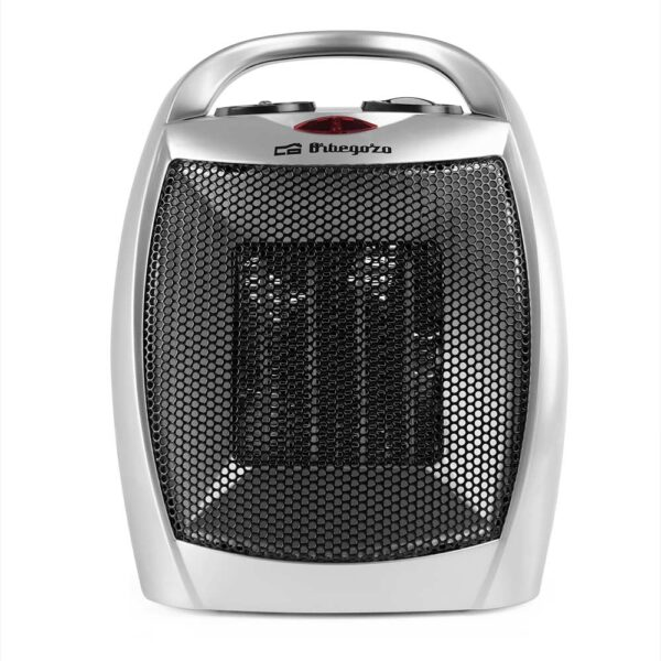 Calefactor eléctrico plateado con rejilla negra y asa superior.