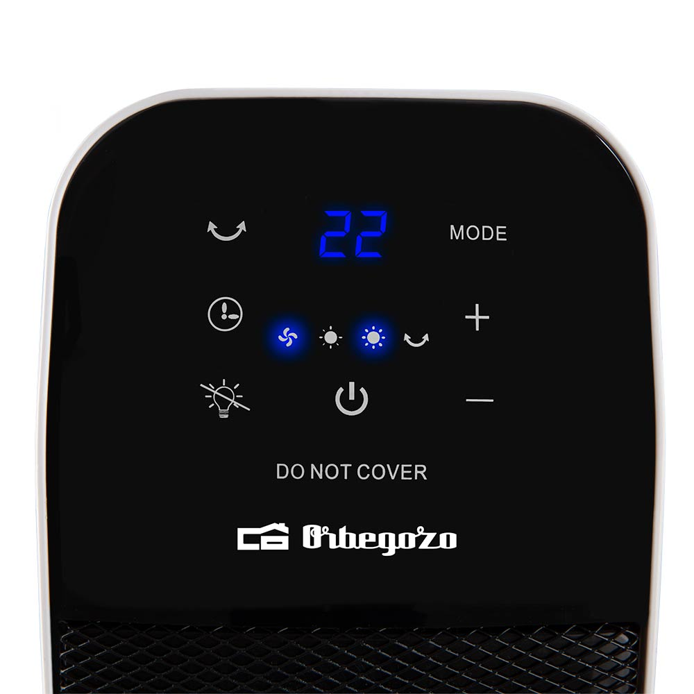 Panel de control LED negro de un calefactor Orbegozo con luces indicadoras azules y el texto DO NOT COVER.