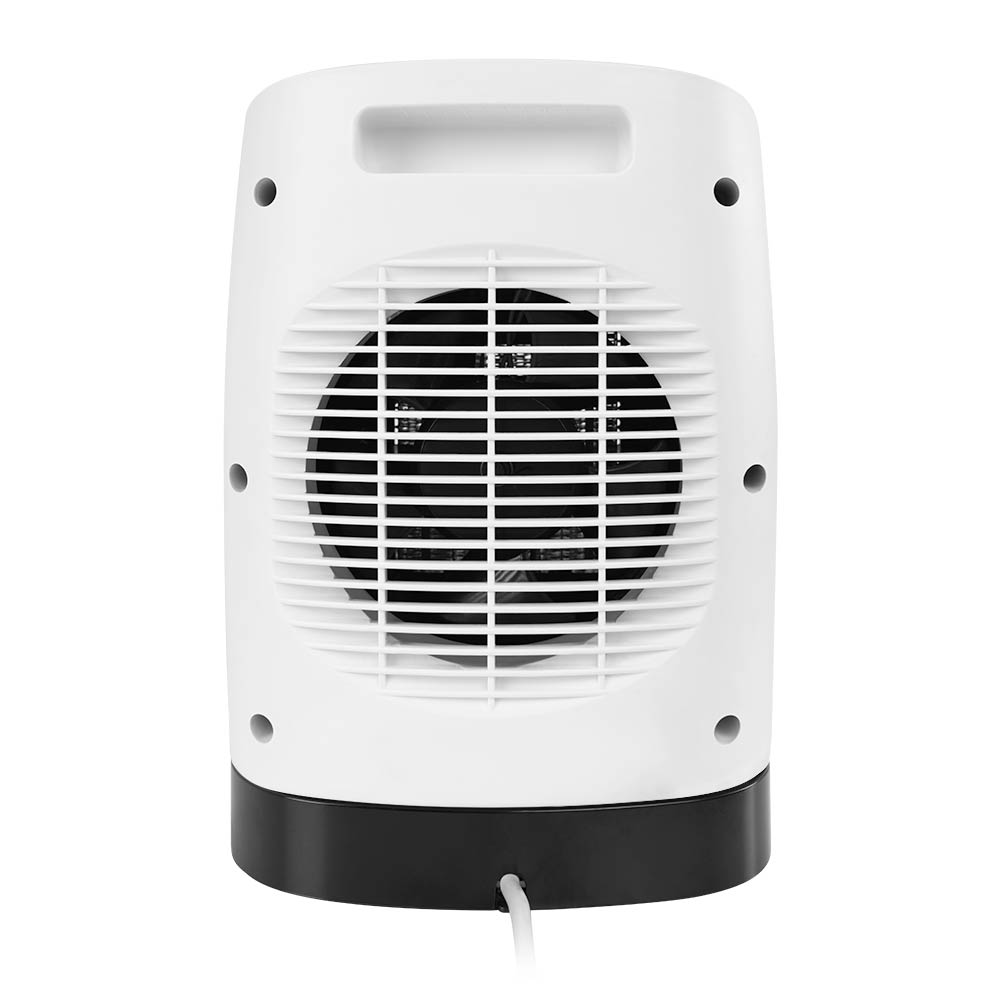 Un calefactor blanco y negro con rejilla frontal redonda y cable de alimentación sobre fondo blanco.