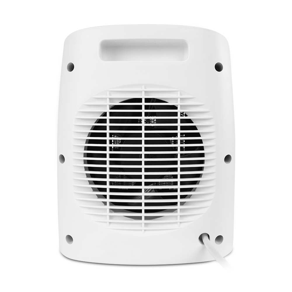 Biały termowentylator z czarną kratką i uchwytem na białym tle.