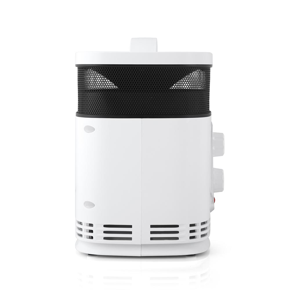 Un calefactor eléctrico blanco y negro se encuentra sobre un fondo blanco liso.