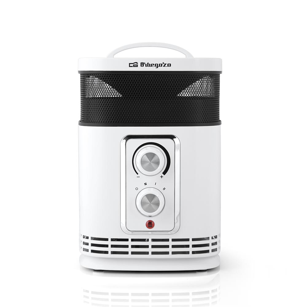 Calefactor eléctrico portátil blanco con dos mandos plateados, rejilla superior negra y asa de transporte.