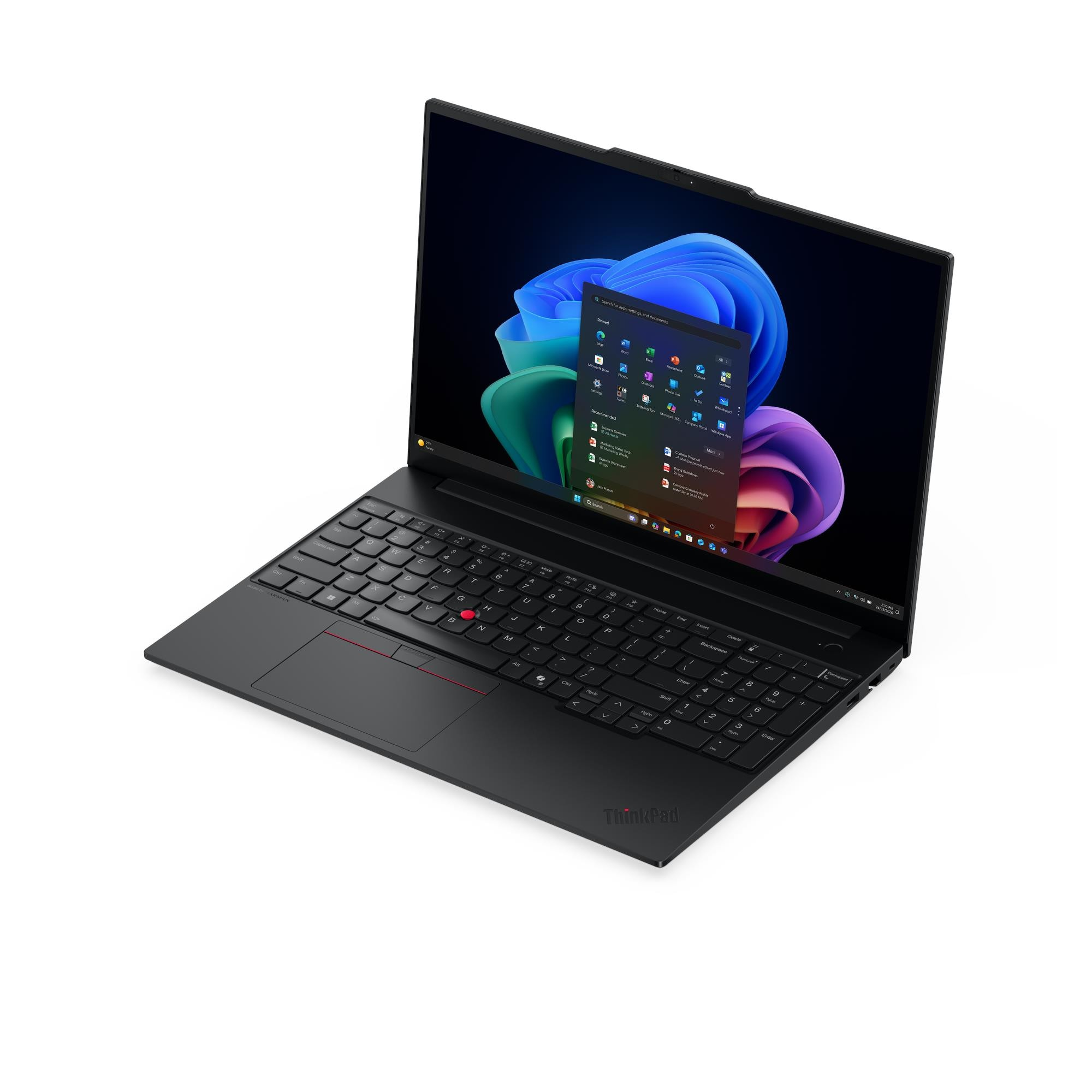 Un computer portatile nero su sfondo bianco mostra la schermata iniziale di Windows 11 con grafica blu e viola.