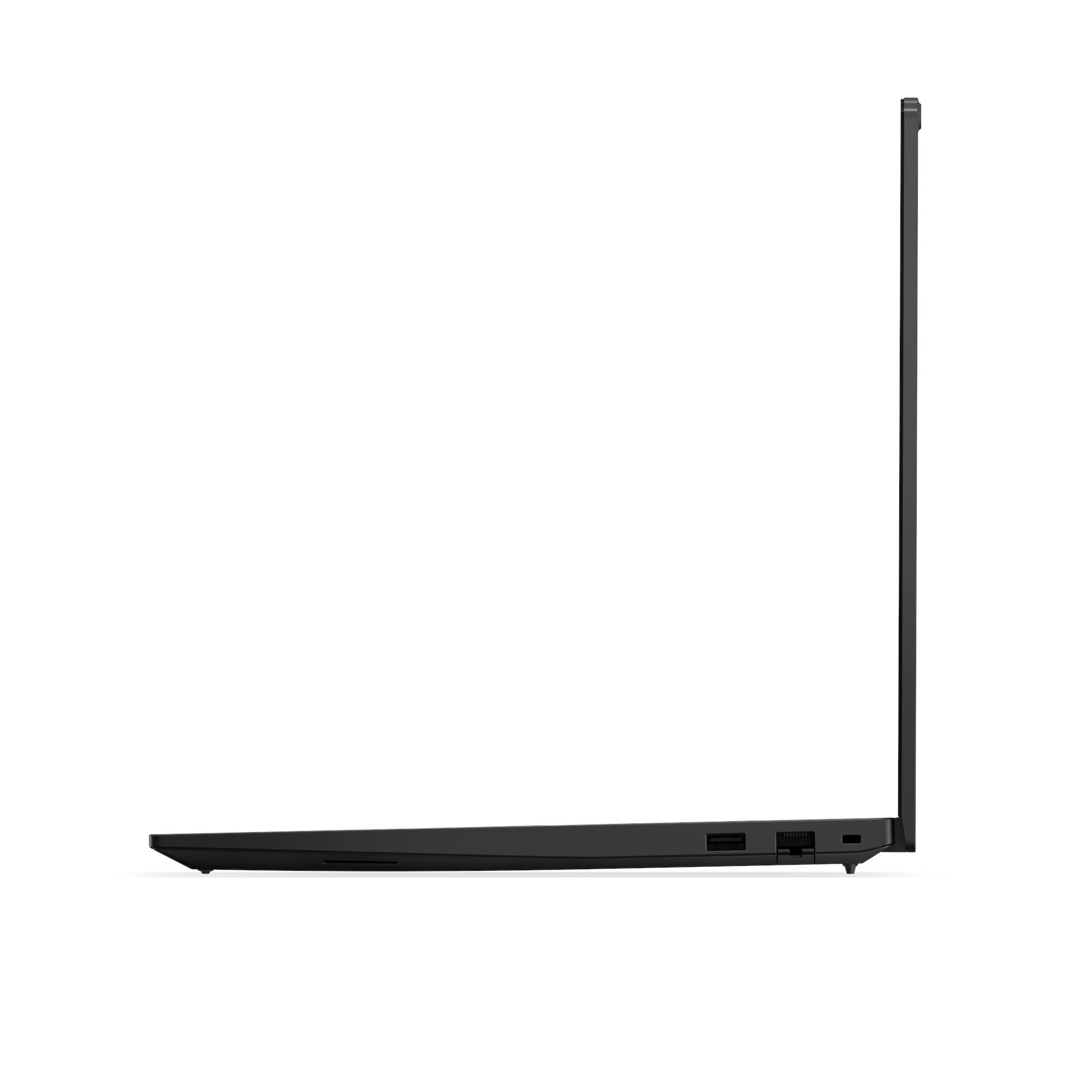 Vista laterale di un laptop nero chiuso su sfondo bianco.