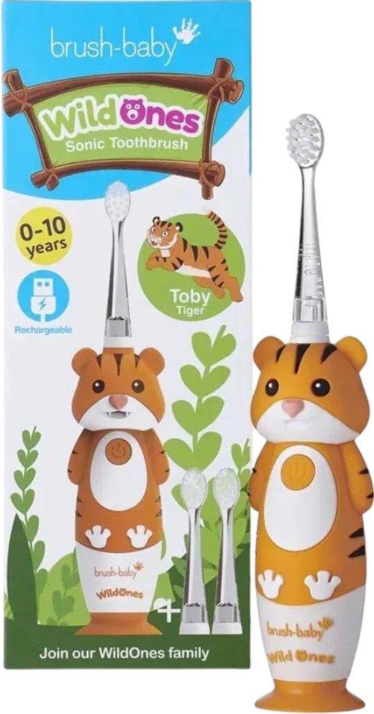 Uno spazzolino sonico per bambini a forma di tigre, mostrato con confezione e testine di ricambio.