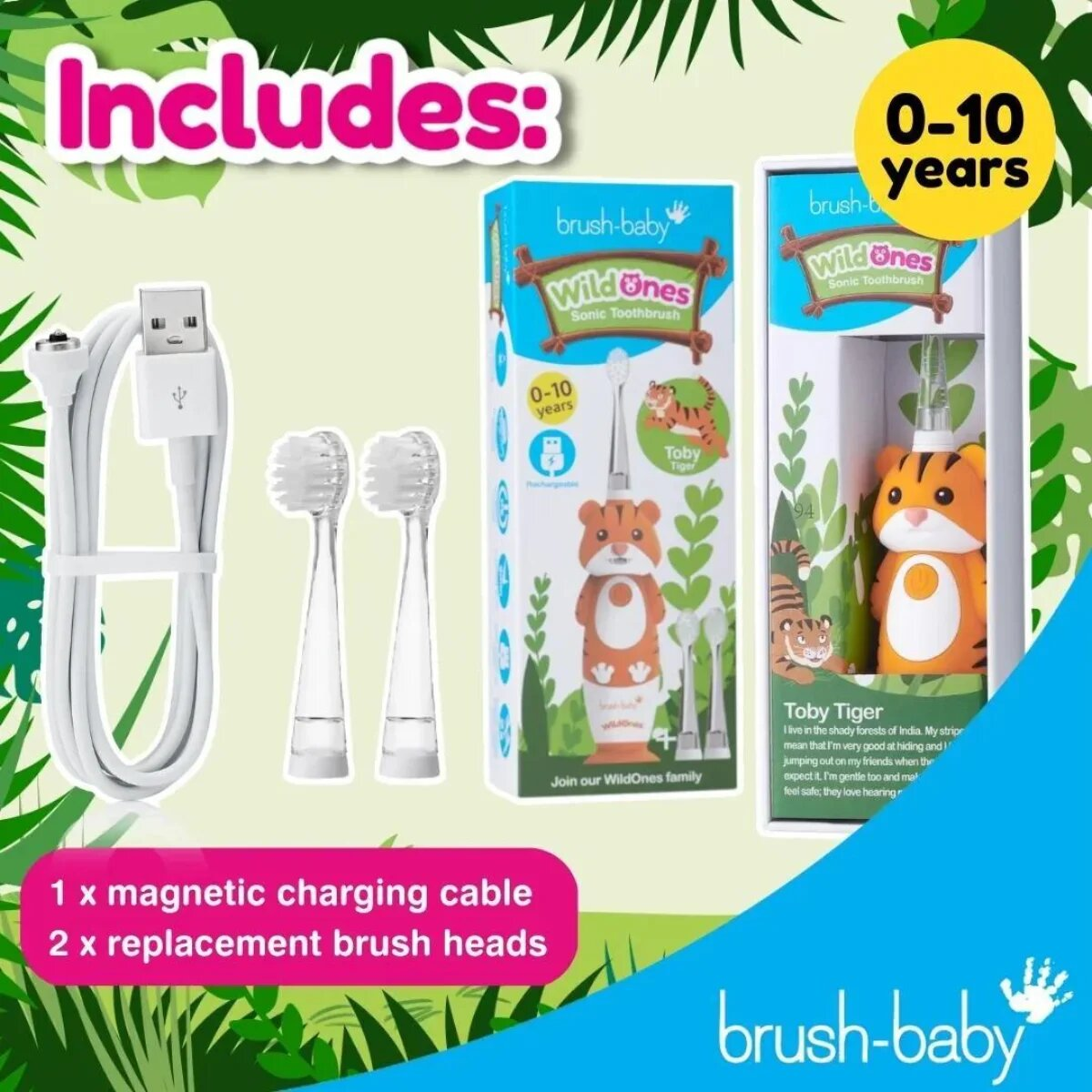 Un set di spazzolino elettrico tigre Brush-Baby WildOnes con cavo e due testine.